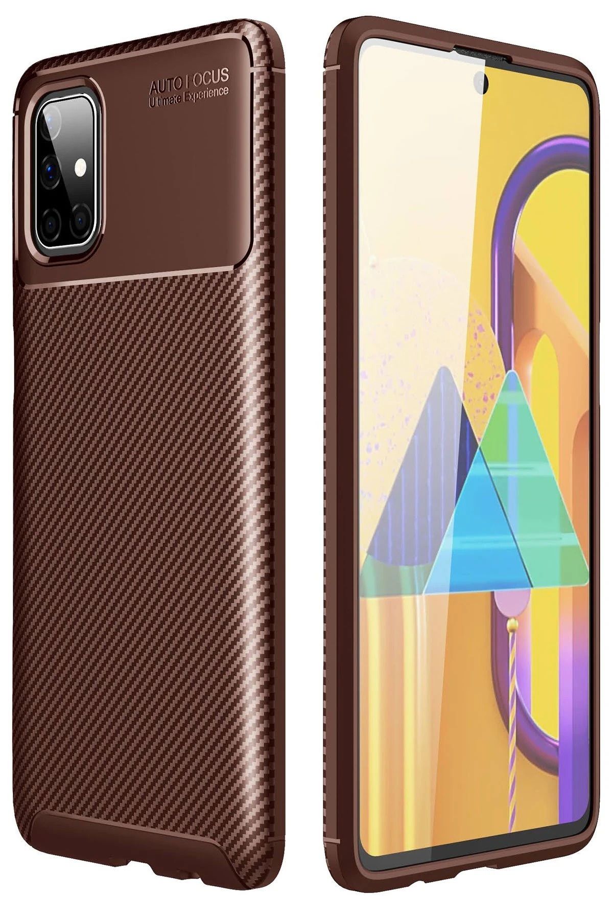 NewFace Samsung Galaxy M51 Kılıf Auto Focus Karbon Kapak - Kahverengi YNSMR