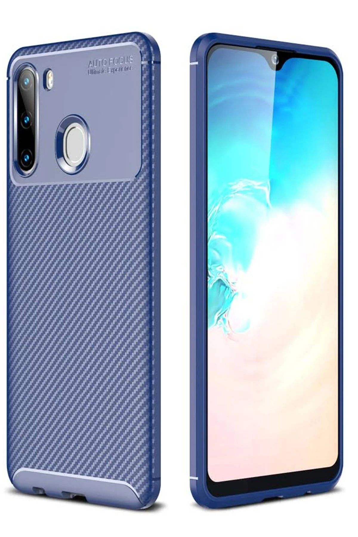 NewFace Samsung Galaxy A21 Kılıf Auto Focus Karbon Kapak - Lacivert YNSMR
