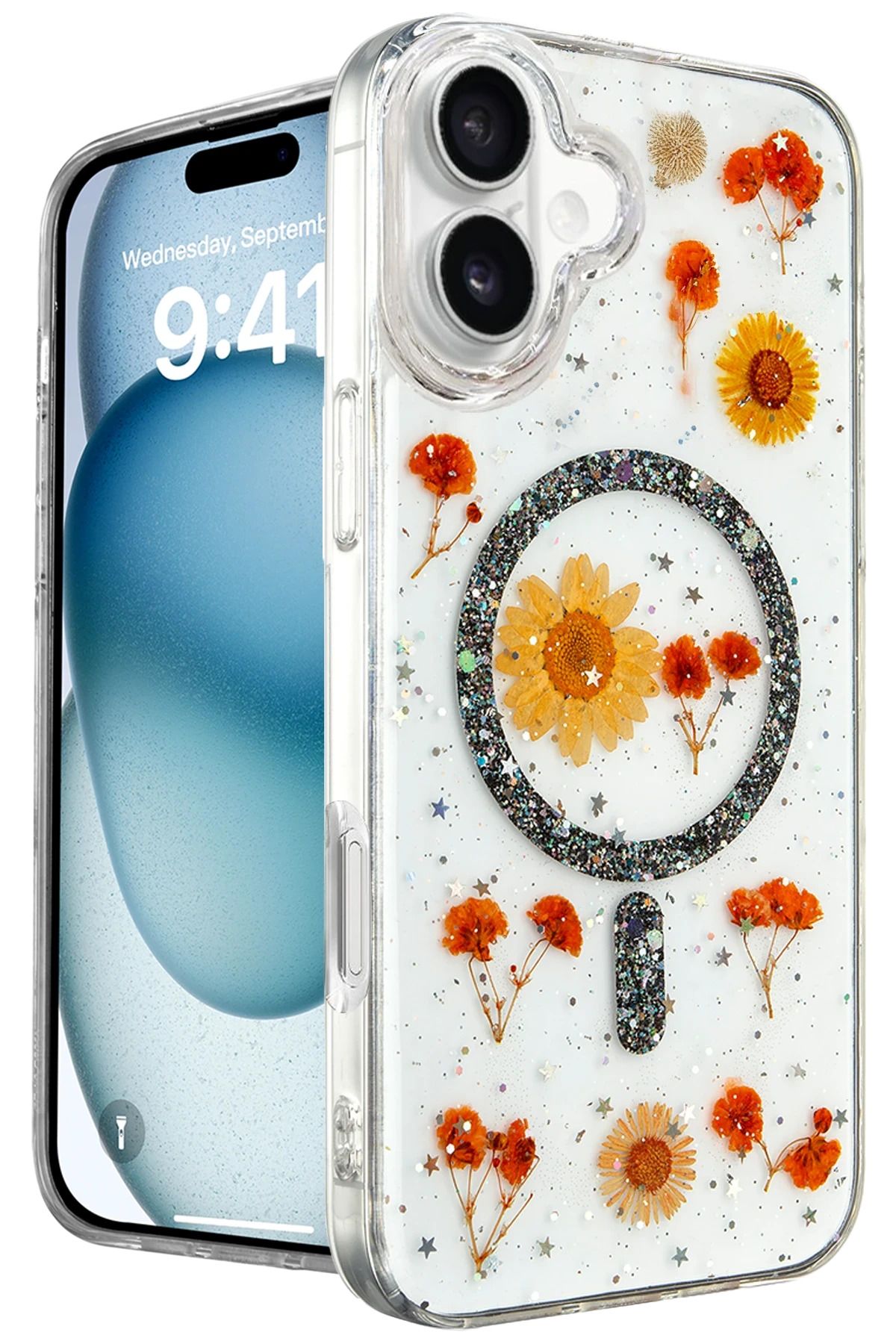NewFace iPhone 16 Kılıf Daisy Simli Magsafe Kapak - Siyah INSLM