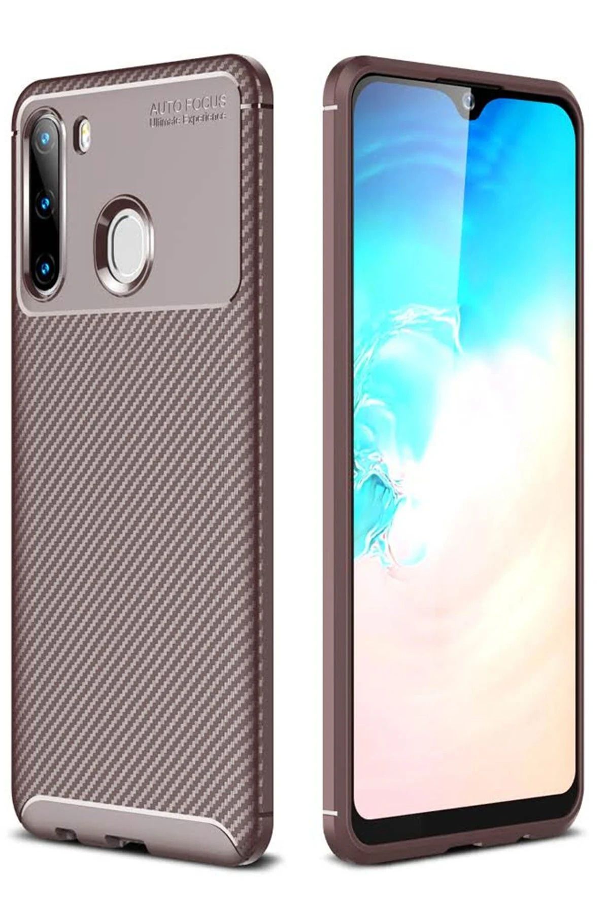 NewFace Samsung Galaxy A21 Kılıf Auto Focus Karbon Kapak - Kahverengi LZWDR