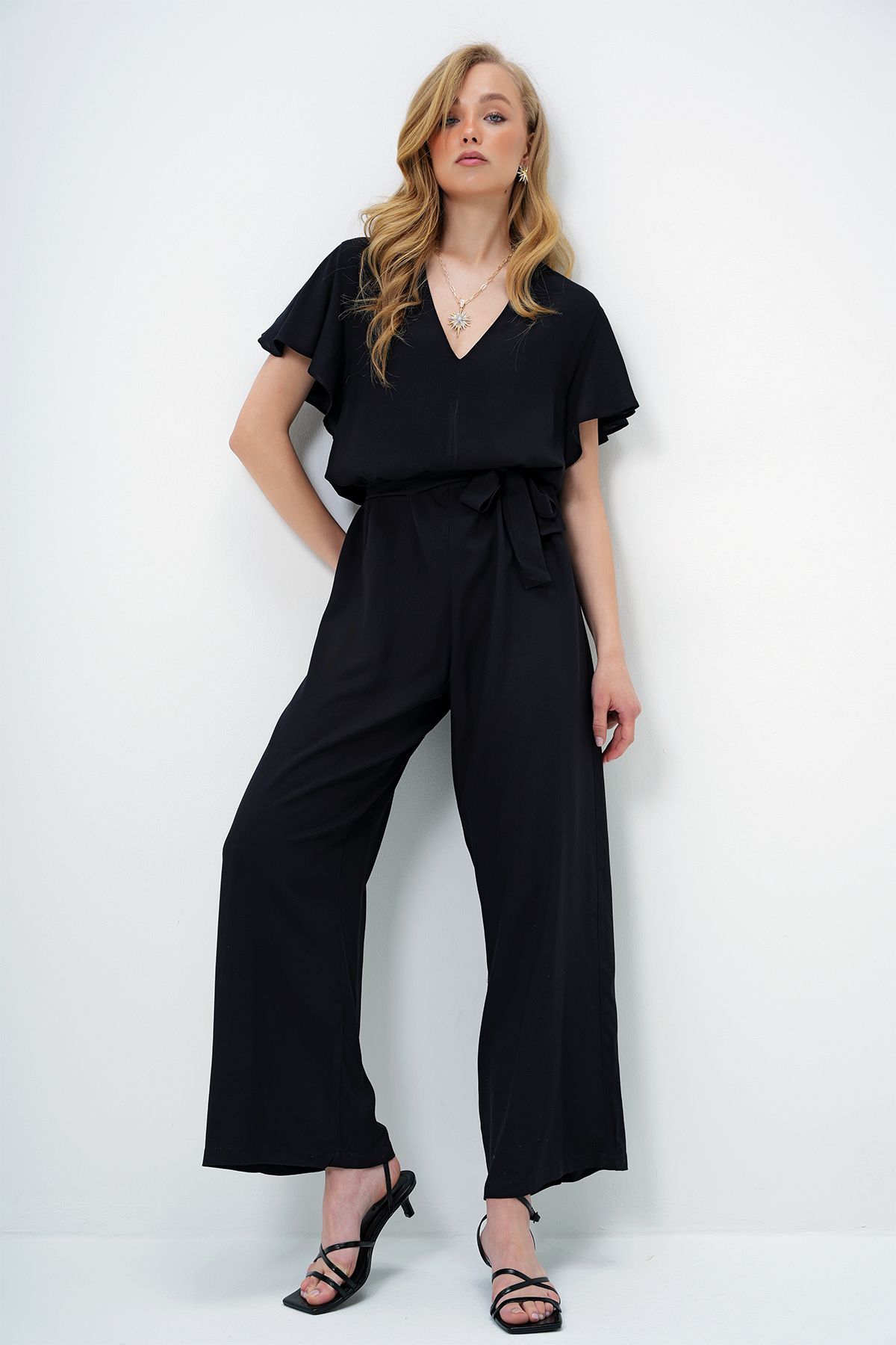 Trend Alaçatı Stili-Women's Black V-Neck Flared Sleeves Self Belted Woven Summer Jumpsuit Alc-X13787 5