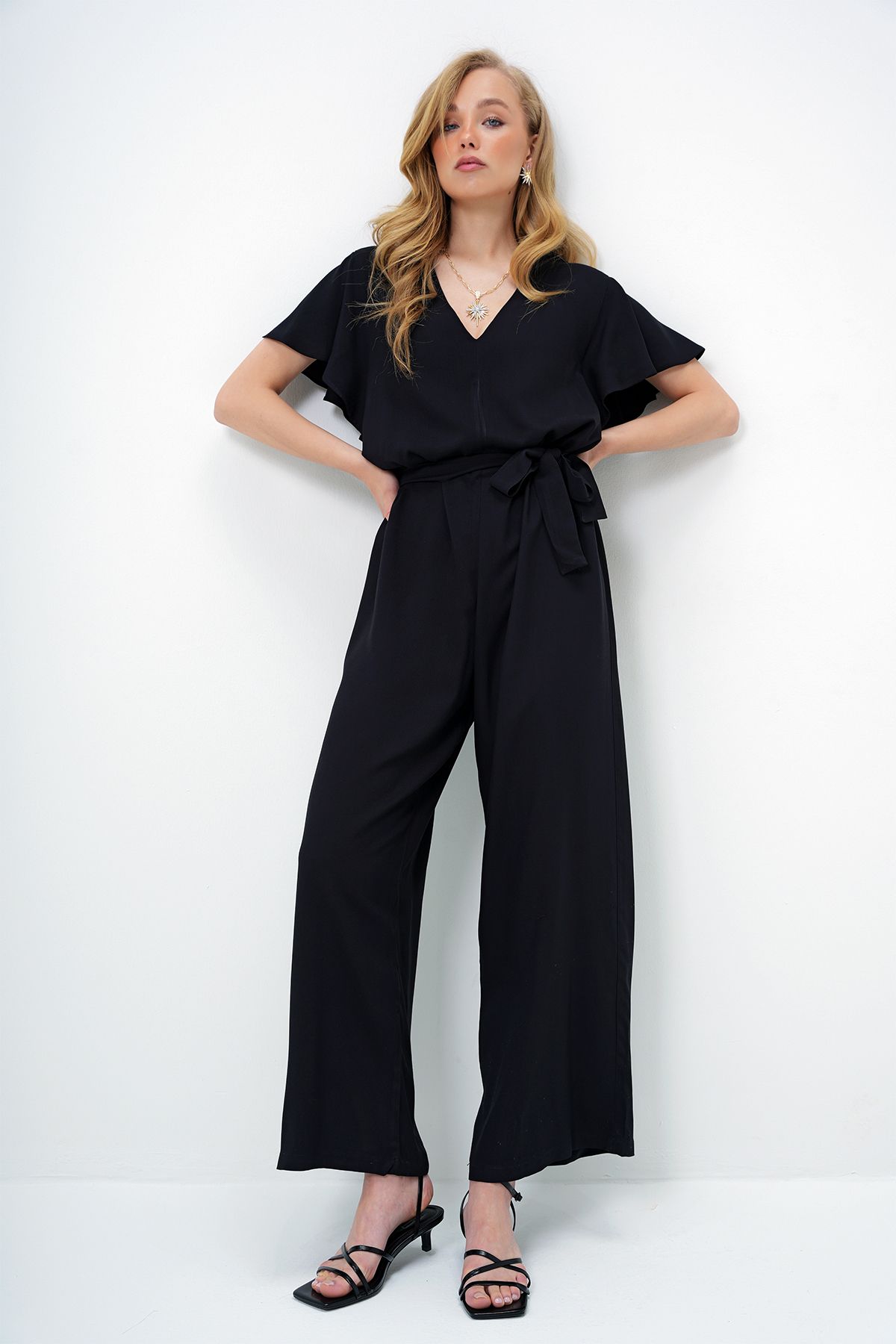 Trend Alaçatı Stili-Women's Black V-Neck Flared Sleeves Self Belted Woven Summer Jumpsuit Alc-X13787 2