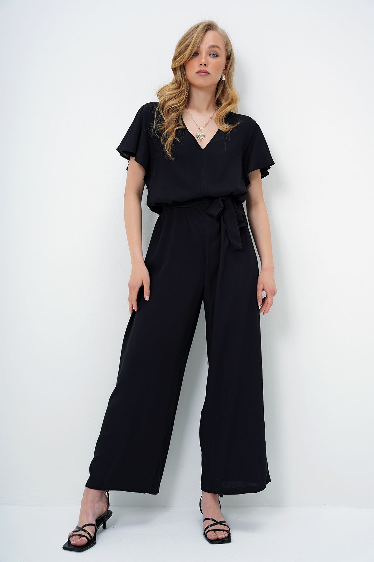 Trend Alaçatı Stili-Women's Black V-Neck Flared Sleeves Self Belted Woven Summer Jumpsuit Alc-X13787 4