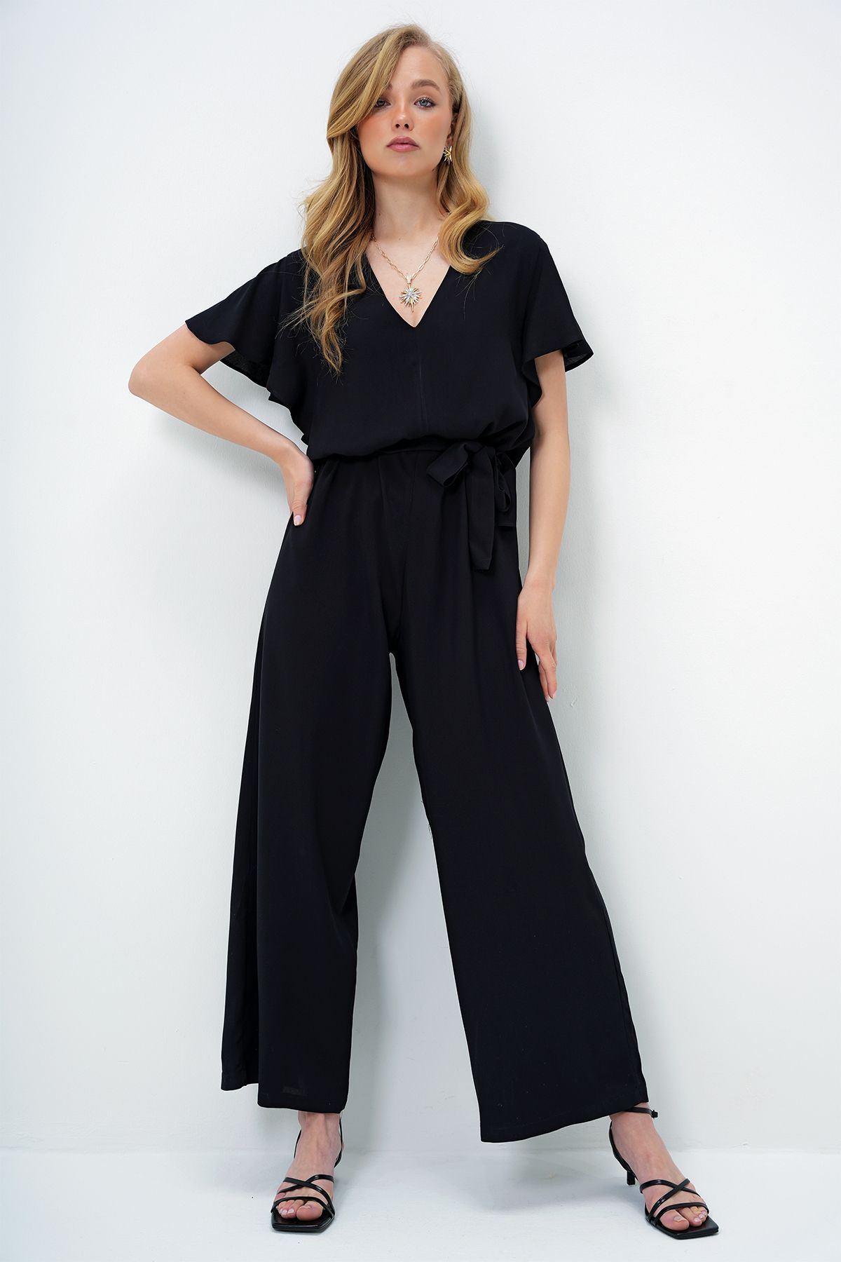 Trend Alaçatı Stili-Women's Black V-Neck Flared Sleeves Self Belted Woven Summer Jumpsuit Alc-X13787 3