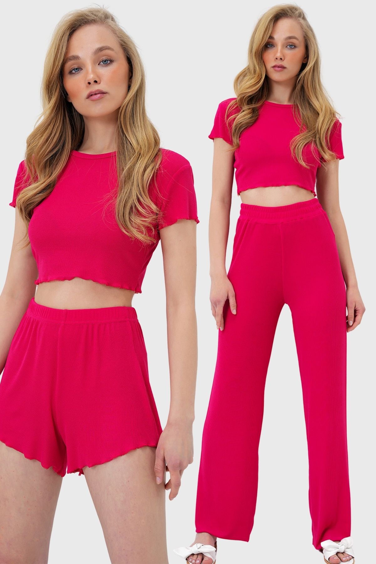 Trend Alaçatı Stili Damski Fuchsia Crew Neck Crop Bluzka, Szorty I Spodnie 3-częściowy Zestaw Piżama Set Kobieta - 36