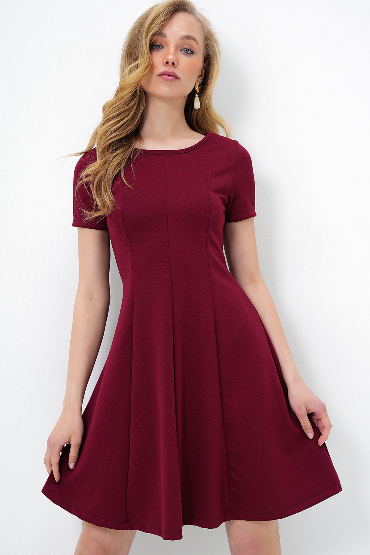 Kadın Bordo Bisiklet Yaka Parçalı Örme Krep Midi Boy Elbise ALC-X14070