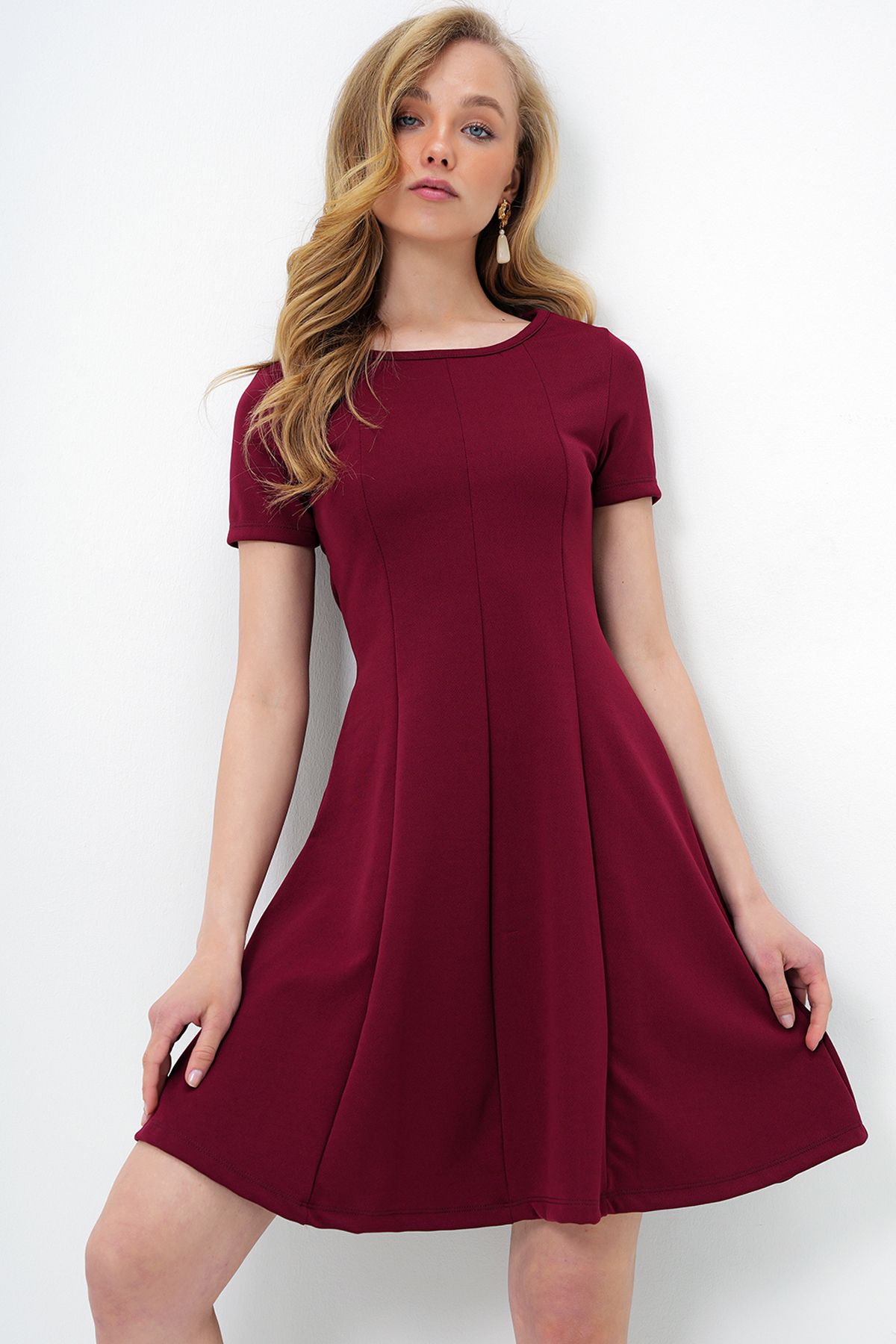 Kadın Bordo Bisiklet Yaka Parçalı Örme Krep Midi Boy Elbise ALC-X14070
