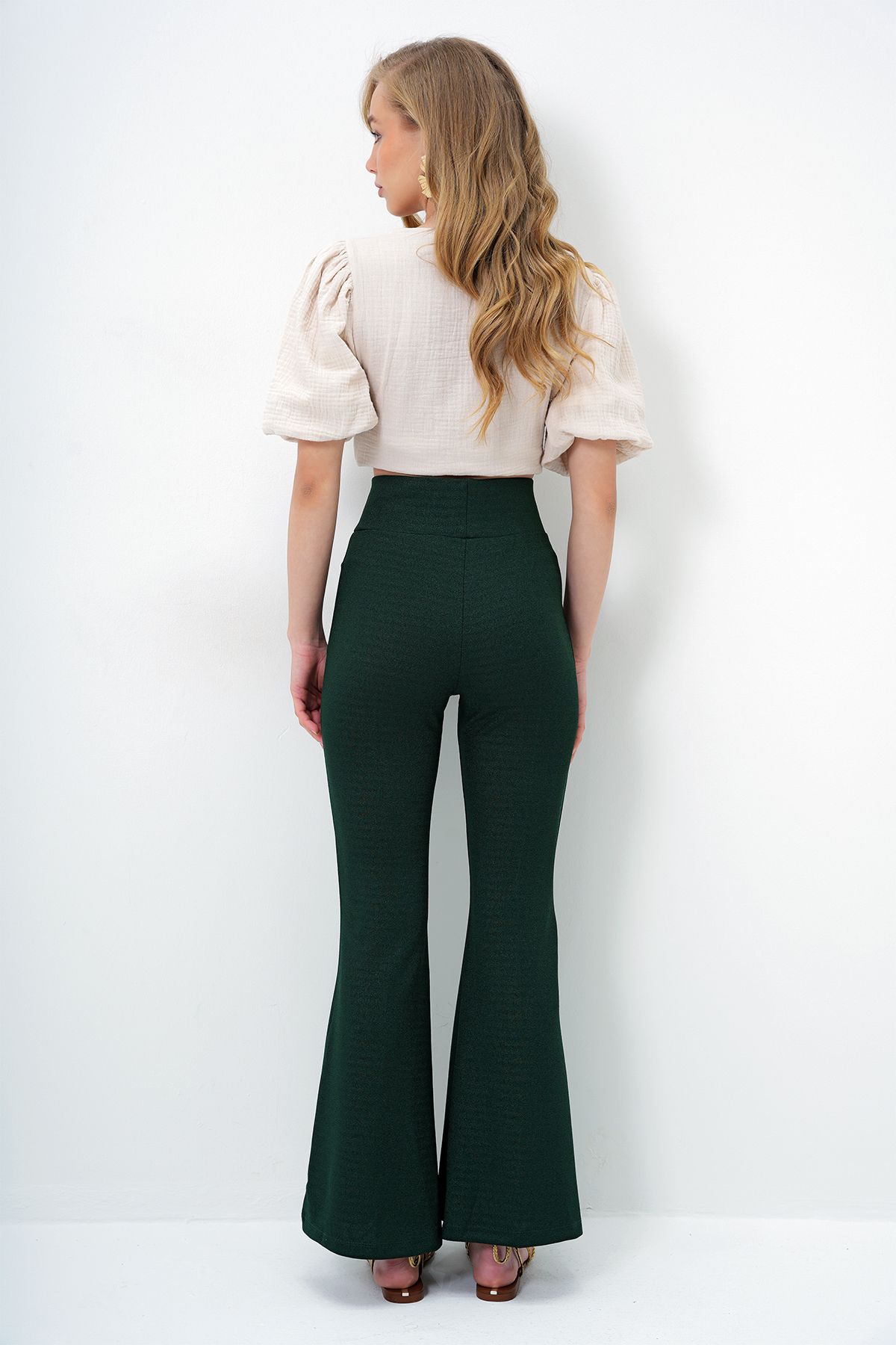 Trend Alaçatı Stili-Women's Walnut Green Spanish Leg Glittery Trousers Alc-X14114 6