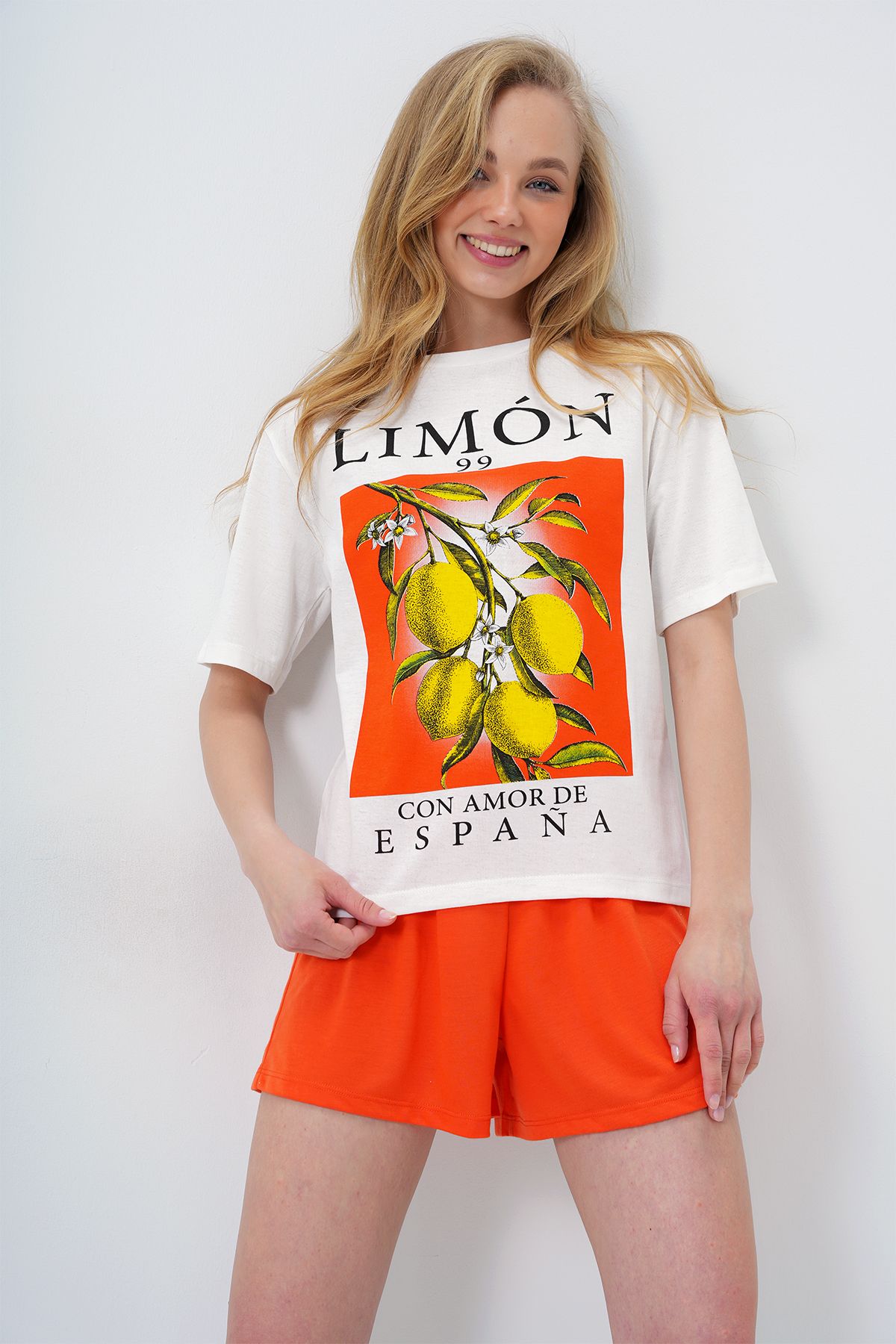 Trend Alaçatı Stili Damski Pomarańczowy Cytrynowy Drukowany Bawełniany Podstawowy Zestaw Piżamowy T-shirt I Szorty Kobieta - 40