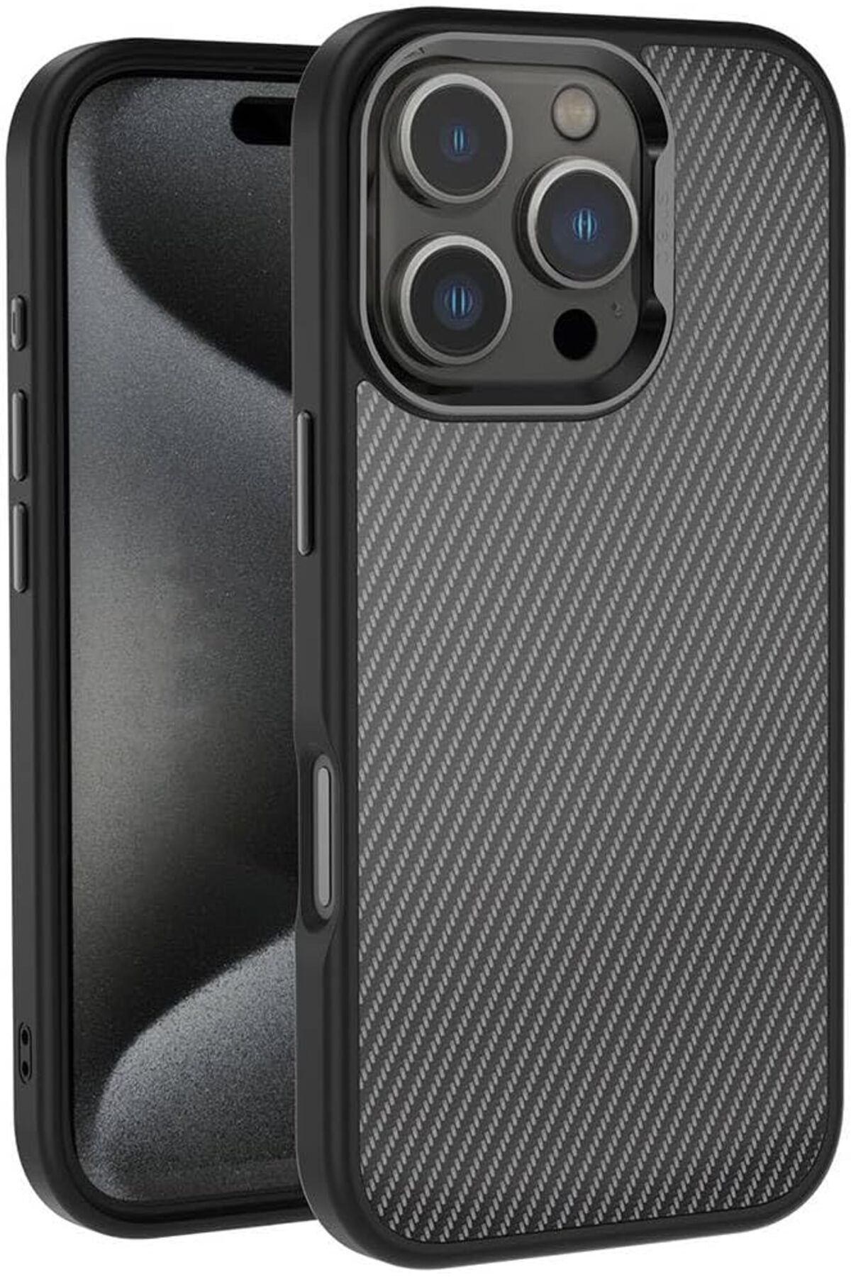 STOREMAX nffashopm İle Uyumlu iPhone 16 Pro Kılıf Karbon Fiber Görünümlü Parlak Kamera Çerçeveli ZOR