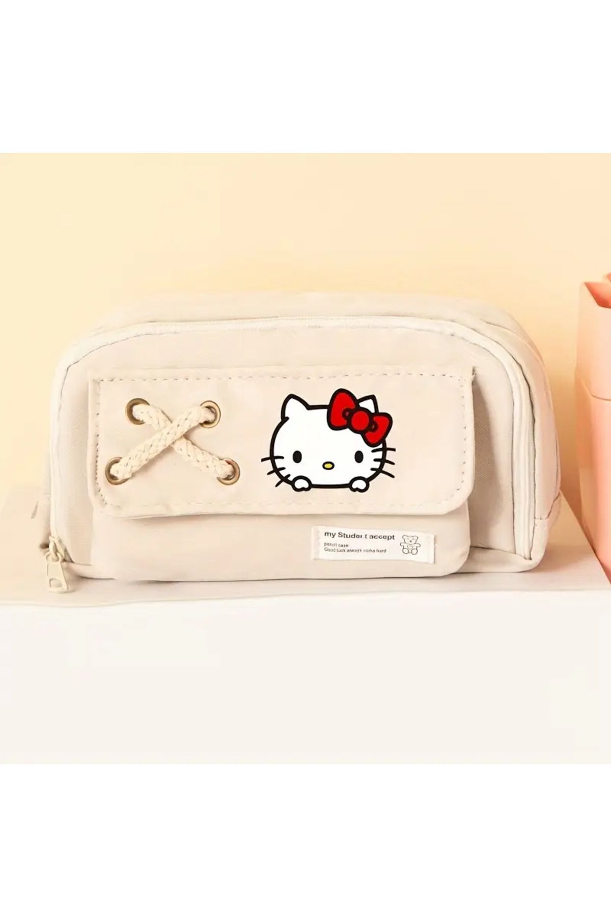 ada çanta kırtasiye Hello Kitty figürlü 3 bölmeli bağcık süslemeli kalem kutusu/çantası AD6124