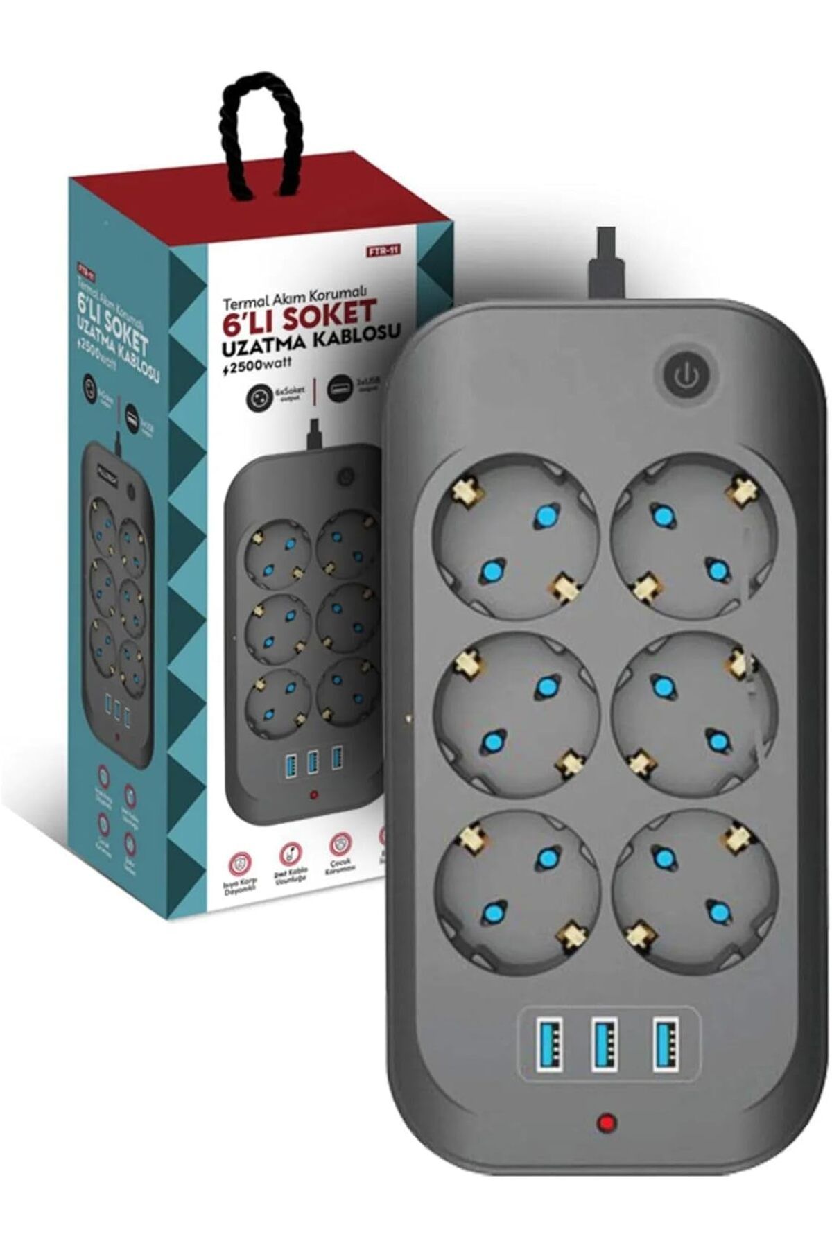 STOREMAX mrttnca Termal Akım Korumalı Priz Çocuk Korumalı 6'Lı 2 Metre Uzatma Kablosu 6Xpriz 3Xusb Priz