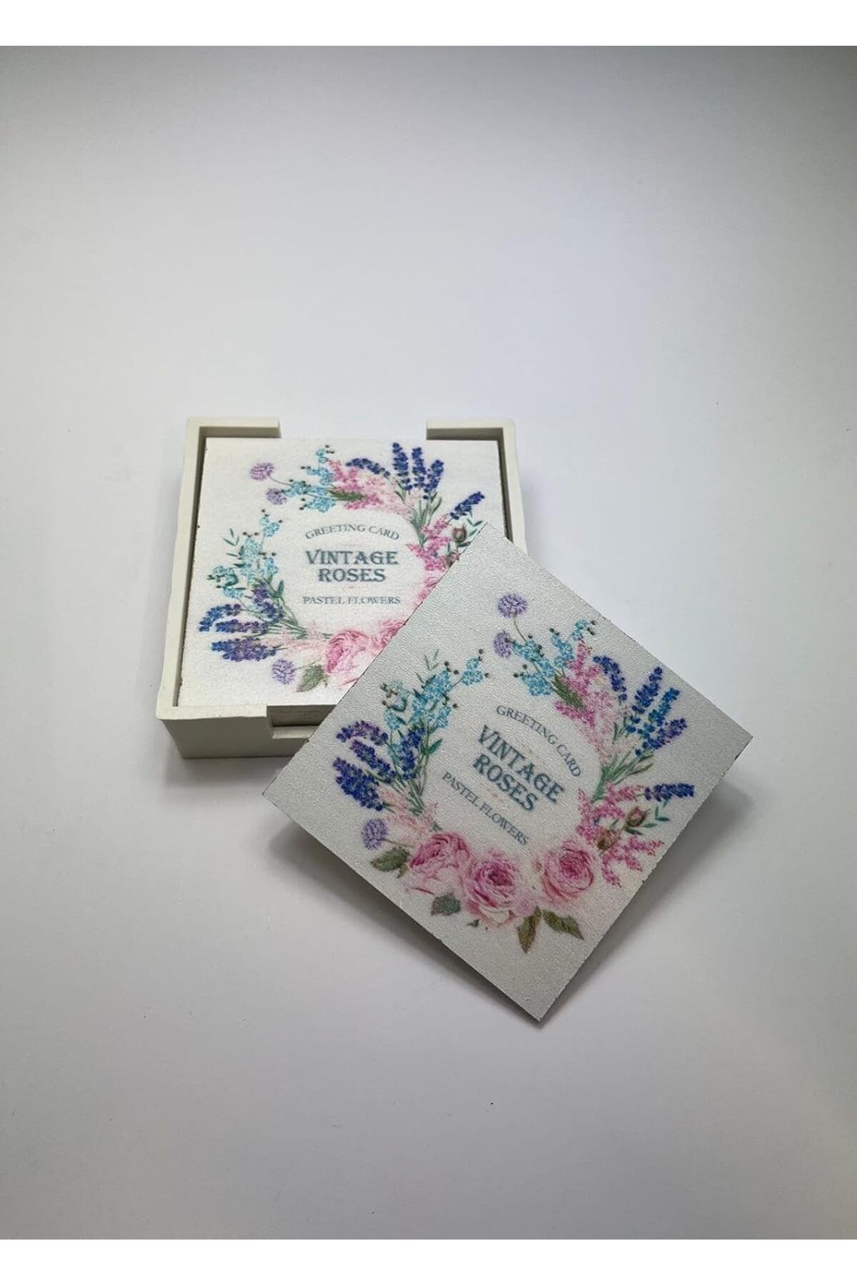STOREMAX cmllashop Ahşap Bardak Altlığı Seti (Kutulu - Vintage Çiçek Desenli)
