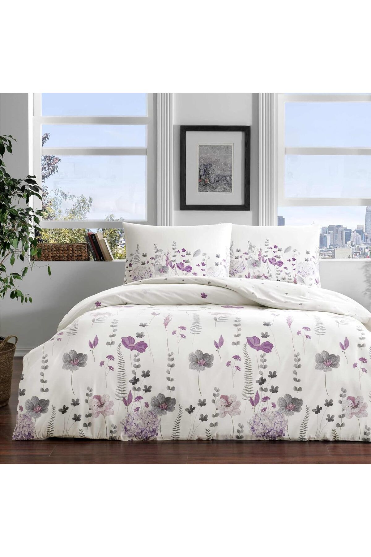 STOREMAX Jenny Ranforce Çiçek Desenli%100 Pamuk Nevresim Takımı, Mor, Çift Kişilik (Nevresim: