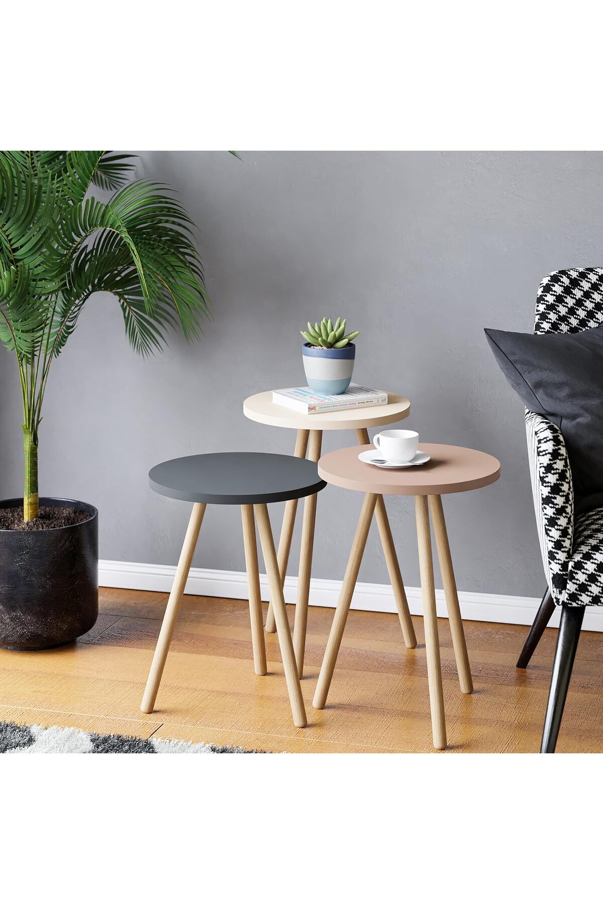 STOREMAX buymxx Üçlü Zigon Sehpa Ahşap Ayaklı Yuvarlak Pastel Tasarım (Cappuccino,Gri,Krem) desiny 1082