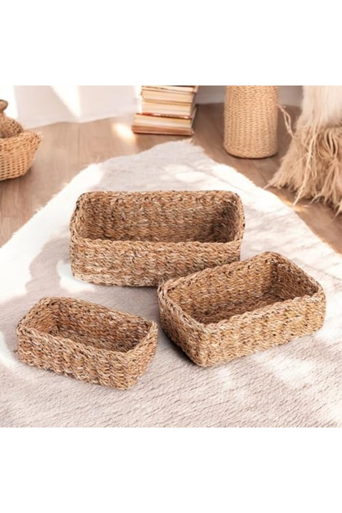 STOREMAX-Ysstorex Set of 3 Rustic Handmade Natural Rectangular Wicker Organizers |   3-Piece Wicker Rectangular 3