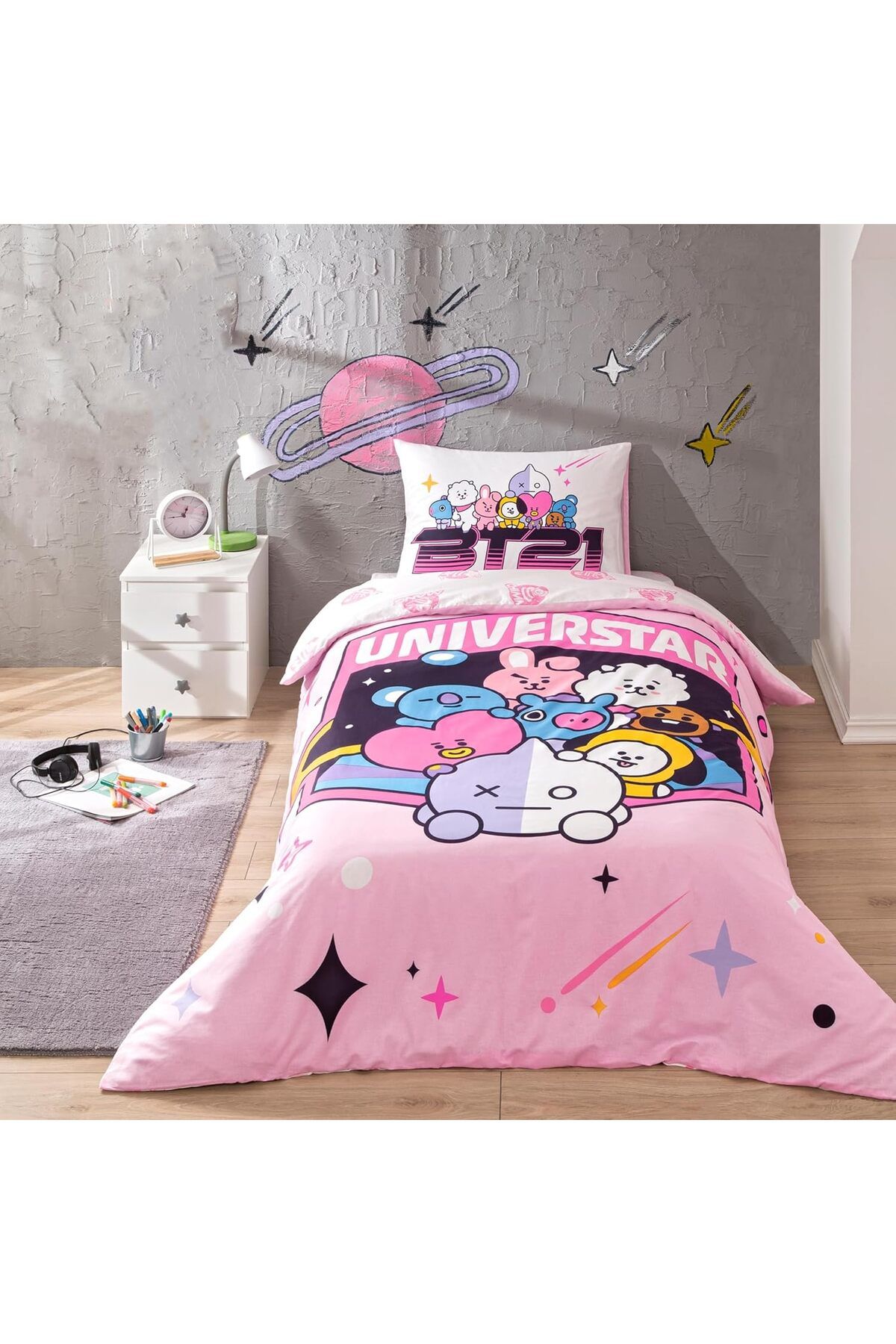 STOREMAX daiviolastore Bt21 Universtar Lisanslı Karakter Baskılı%100 Pamuk Nevresim Takımı, Çok Renkli,