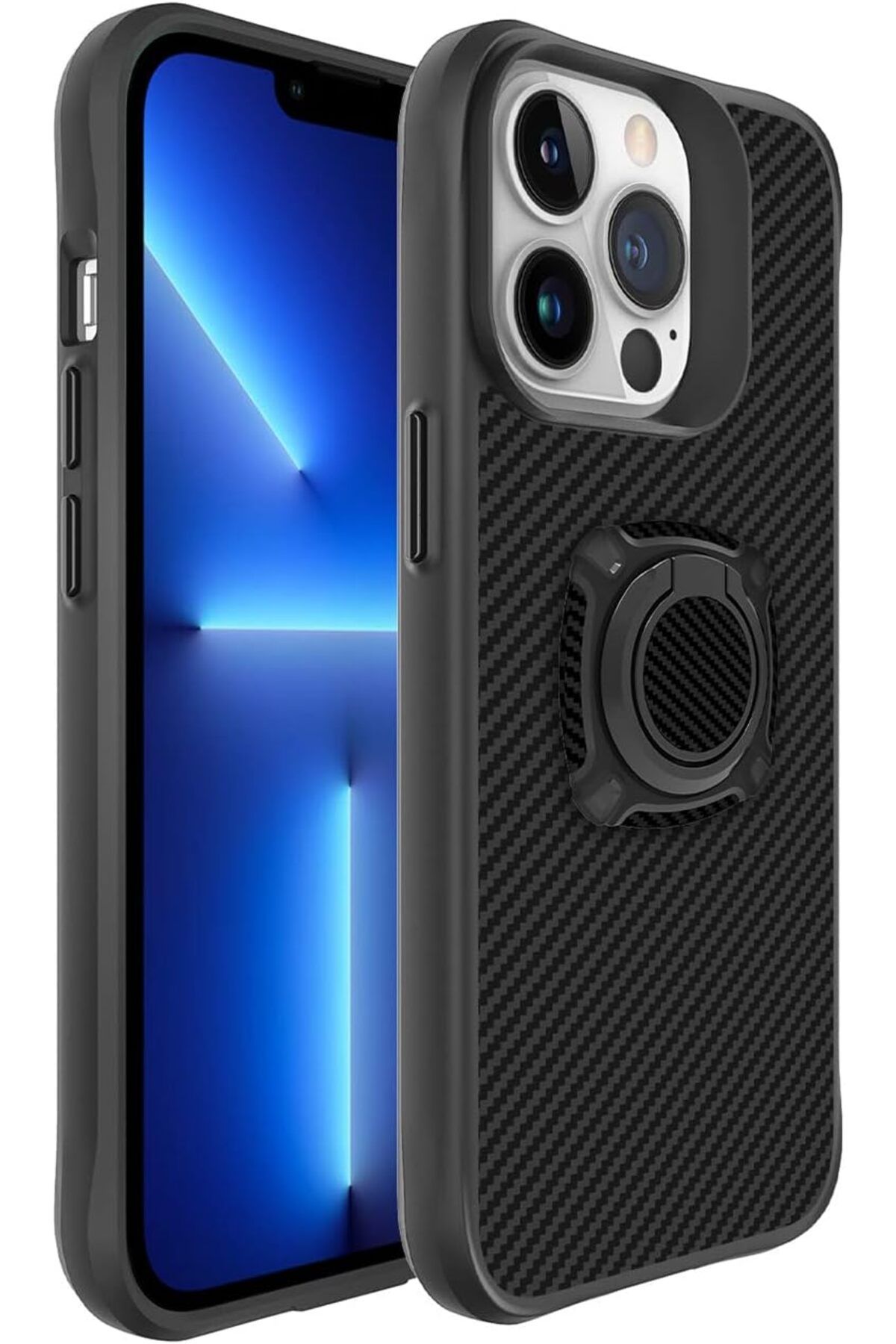 STOREMAX nffashopm İphone 13 Pro Kılıf Ultra Korumalı Karbon Desenli Yüzüklü Timo Kapak Siyah storesta