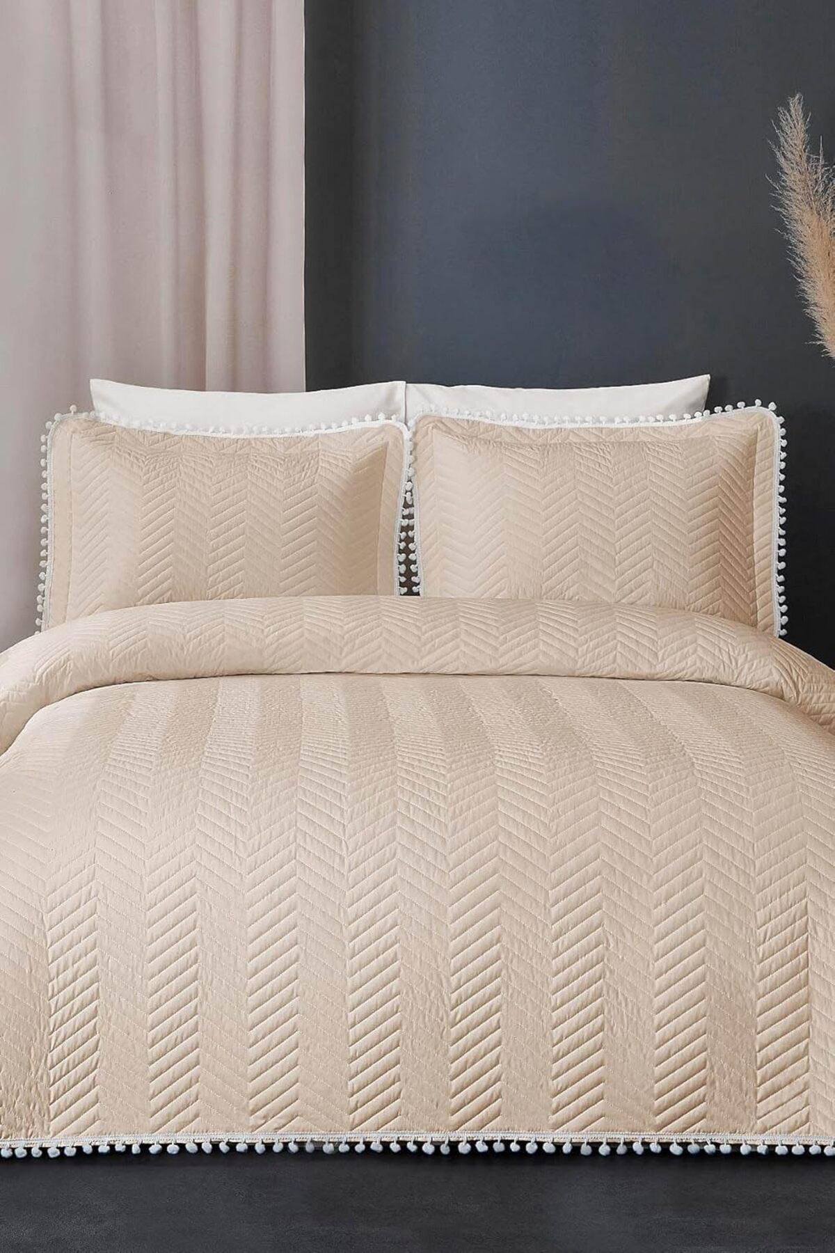 STOREMAX nffashopm Home Collection Kapitone Ponponlu Tek Kişilik Yatak Örtüsü Açık Capp storestarx 1051