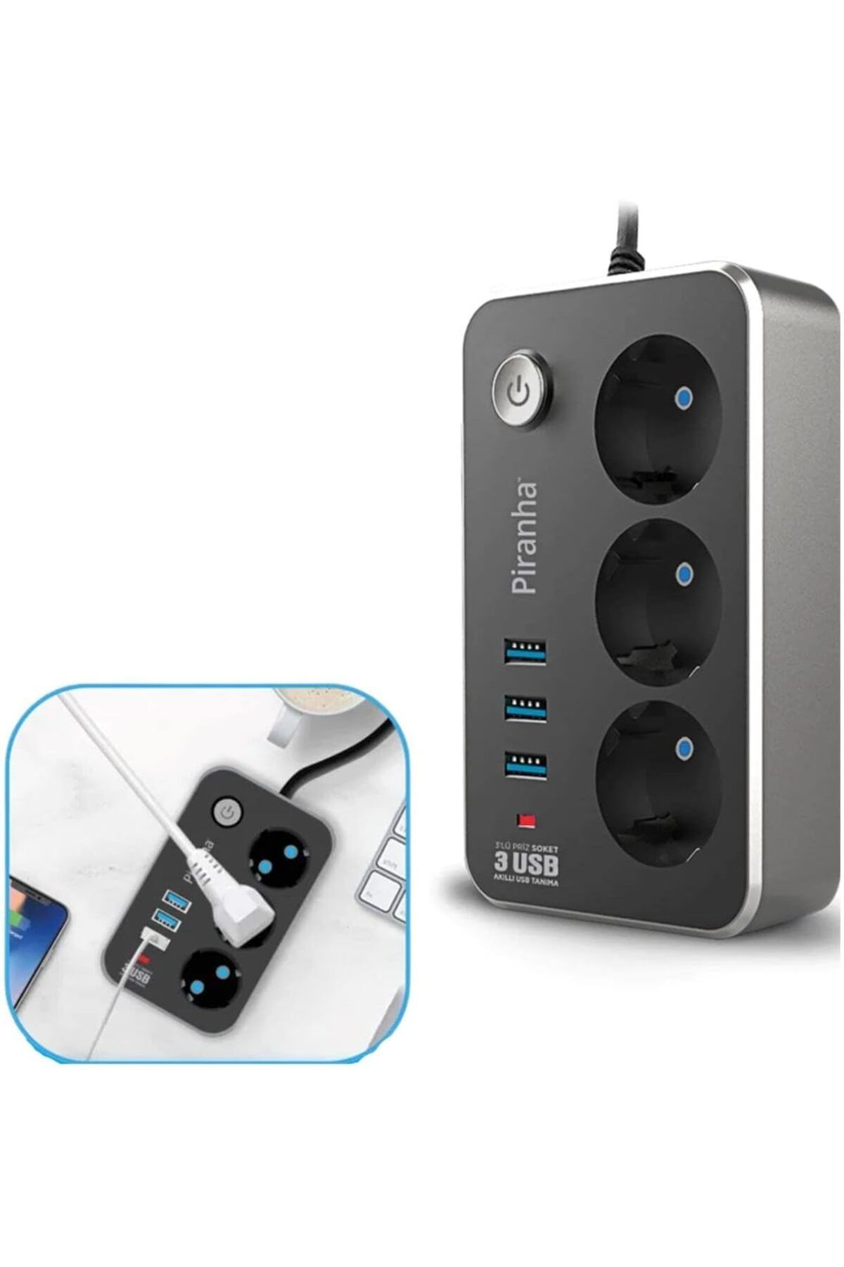 MCreative Isıya Dayanıklı Termal Akım Korumalı 2 Metre 10A 2500W 3lü Priz ve 3 Usb Li 2.1A Uzatma Kablosu
