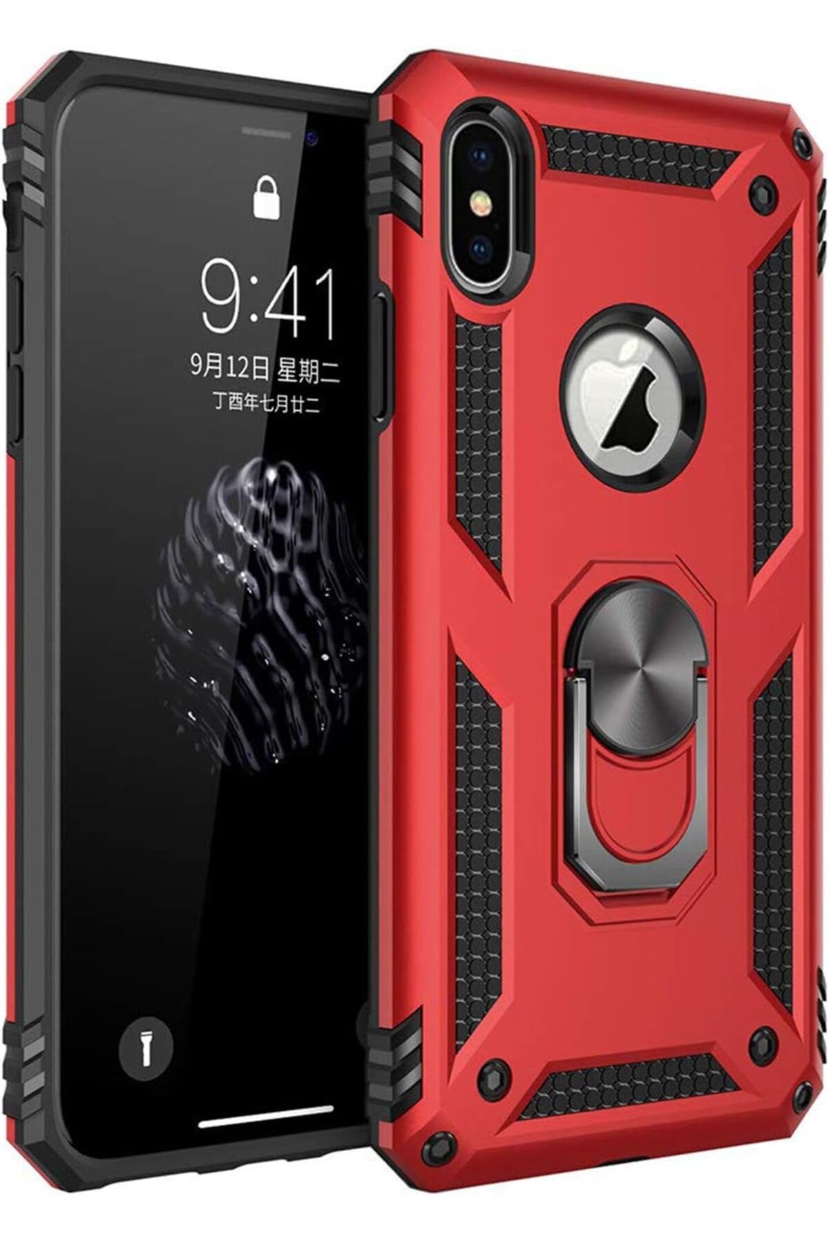 STOREMAX nffashopm iPhone XS Max için Kılıf Military Ring Holder Kırmızı [iPhone XS Max ile Uyumlu Kıl