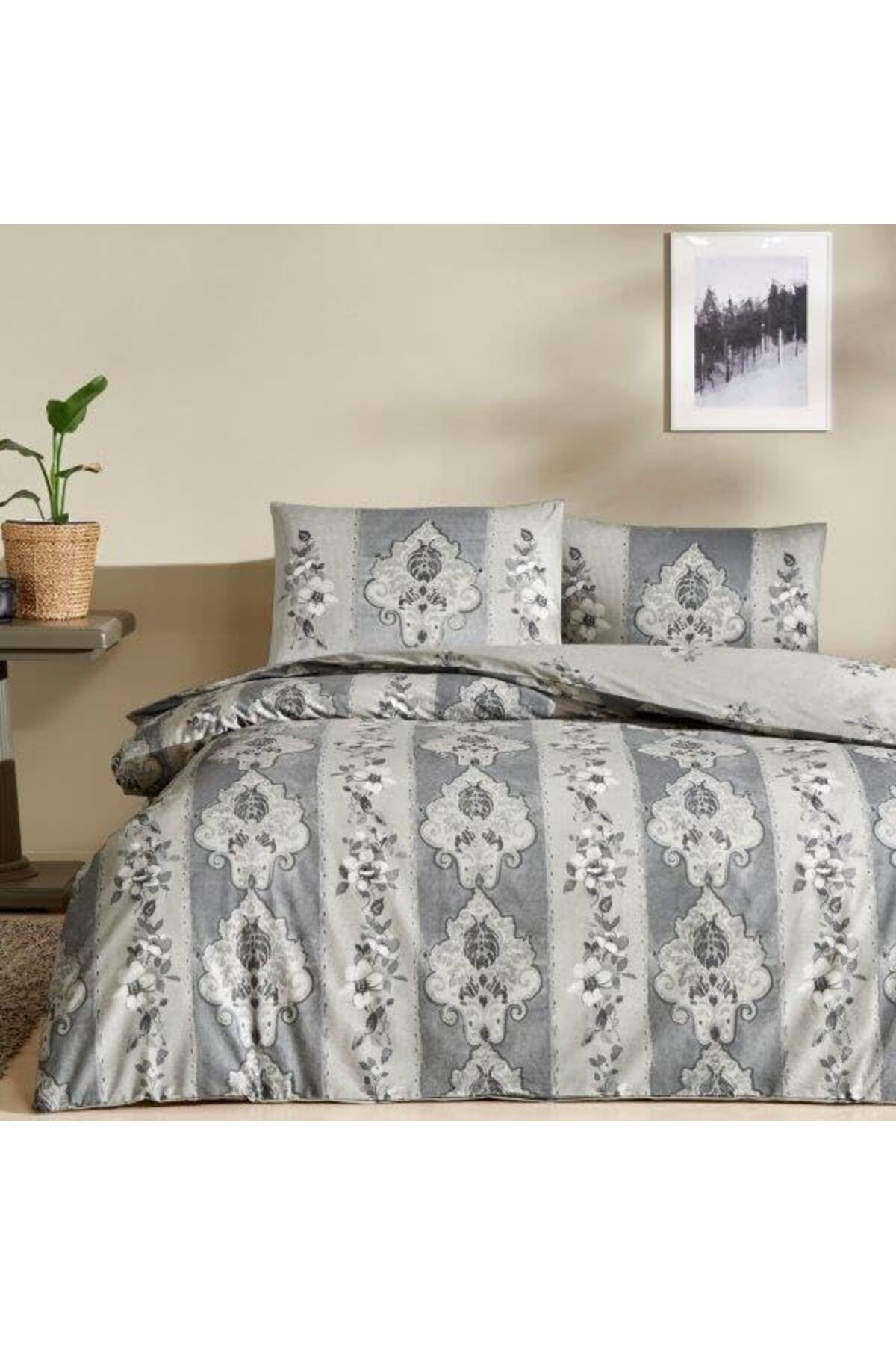 STOREMAX Edwina Desenli%100 Pamuk Nevresim Takımı, Gri, Çift Kişilik (Nevresim: 200x220 cm/Ça