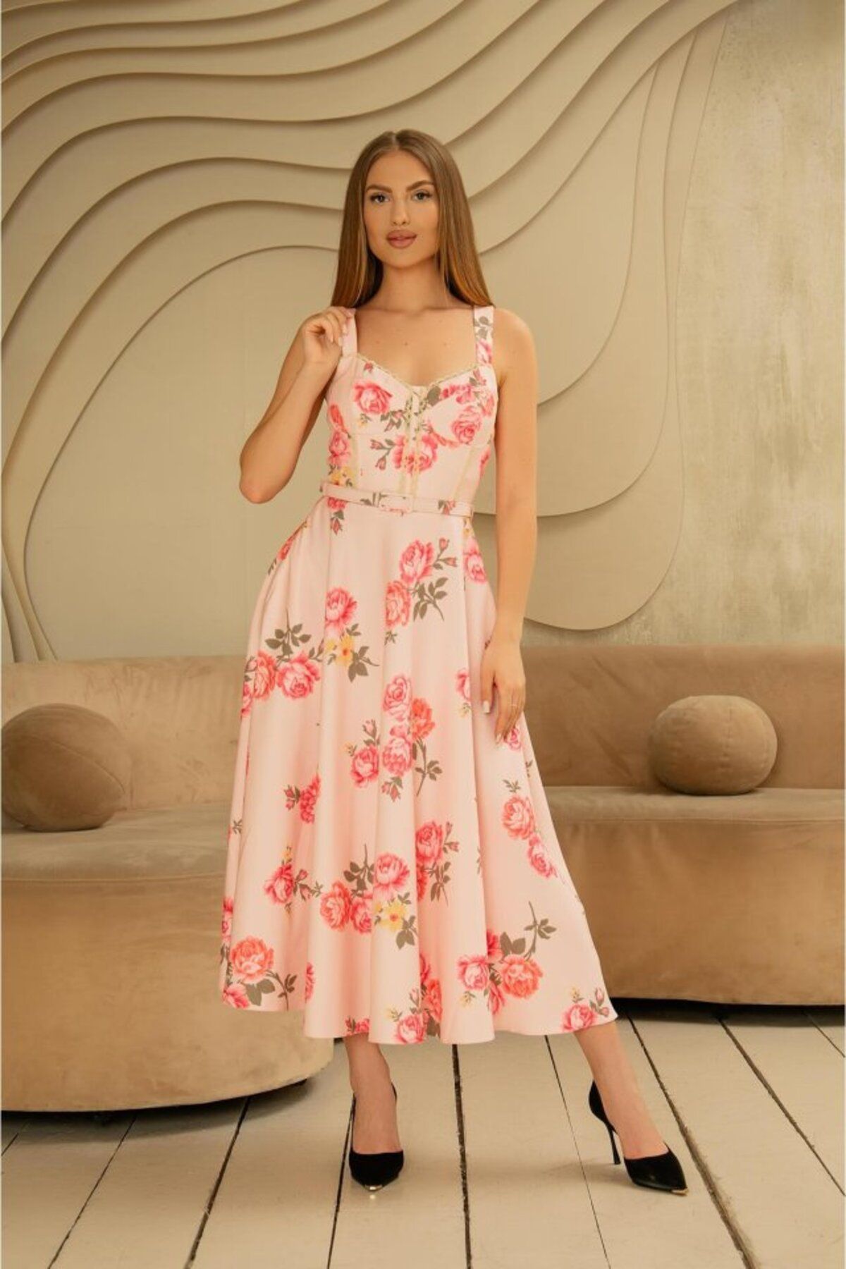 velmorafashion Pembe İnce Kemer Detaylı Elbise