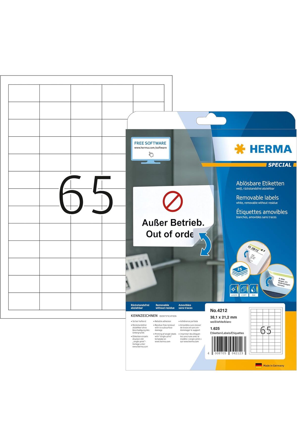 STOREMAX buymxx Evrensel Etiket Çıkarılabilir, 25 Yaprak, 38,1 x 21,2 mm, A4 Yaprak Başına 65 Adet, 1625