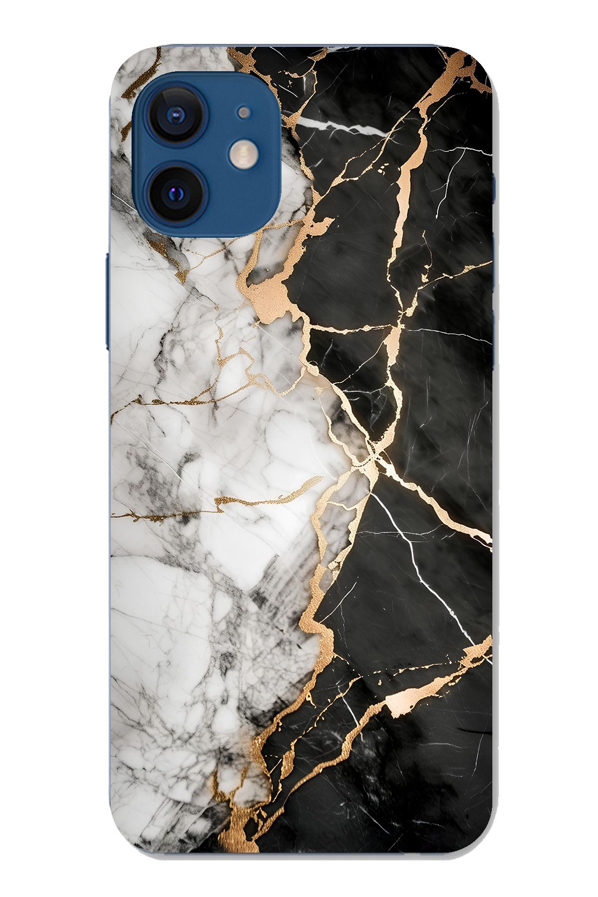 TechTree iPhone 12 Uyumlu Siyah Beyaz Mermer Şeffaf Silikon Kılıf