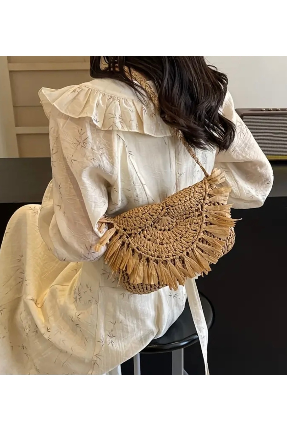 hasır bohem-Women's Knitted Handmade Paper Rope Strap Shoulder Bag Straw Bag 2