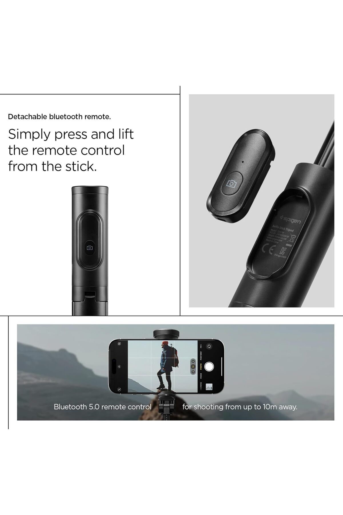 Spigen-حامل ثلاثي القوائم لعصا سيلفي أوتوماتيكية مقاس 57 بوصة مع جهاز تحكم عن بعد، قابل للدوران رأسيًا وأفقيًا - أسود 6