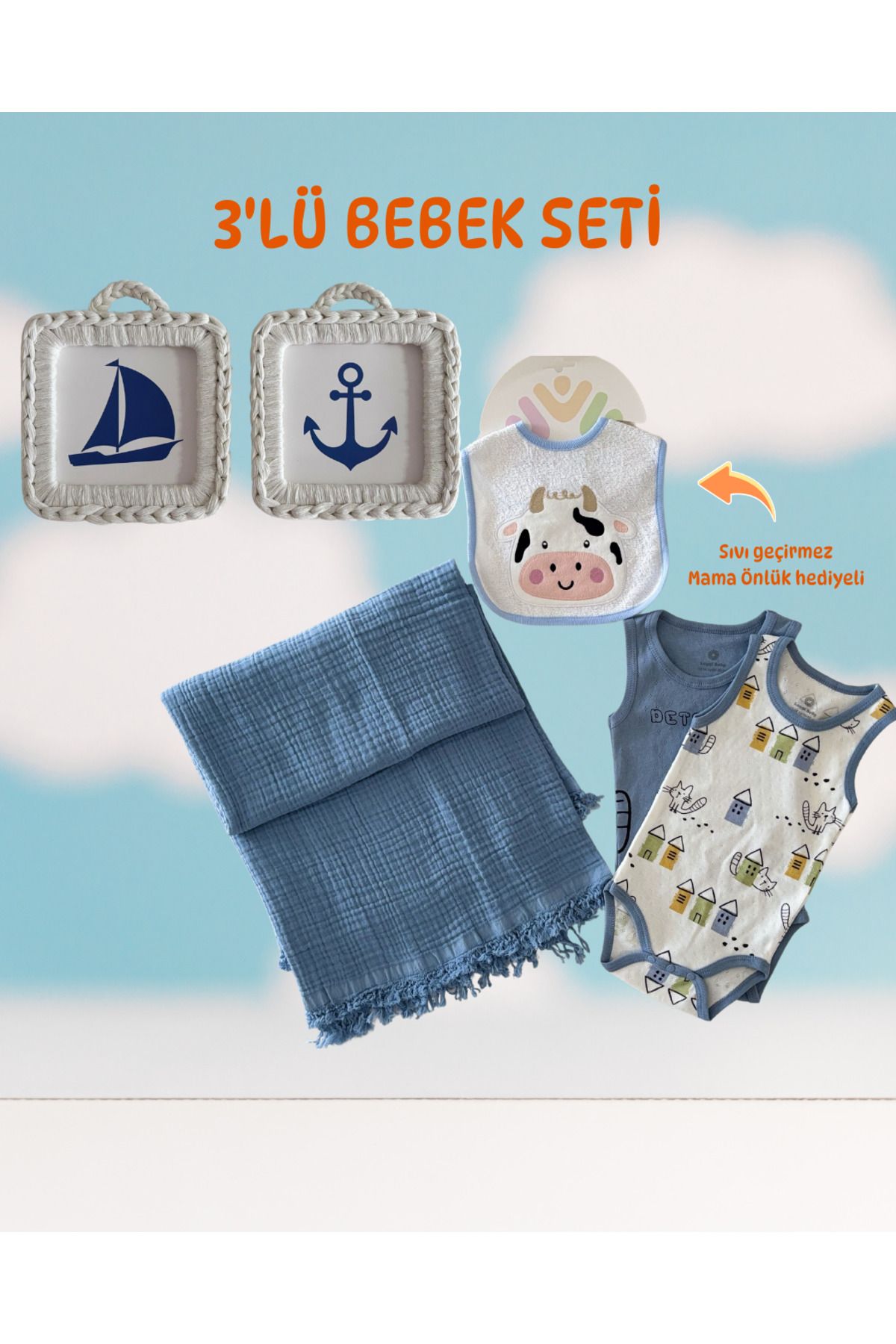 Home 3'lü Bebek Hediye Seti,4 Katlı Müslin Battaniye,2'li Zıbın Takımı,2'li Minimal Tablo Seti,hediyeli