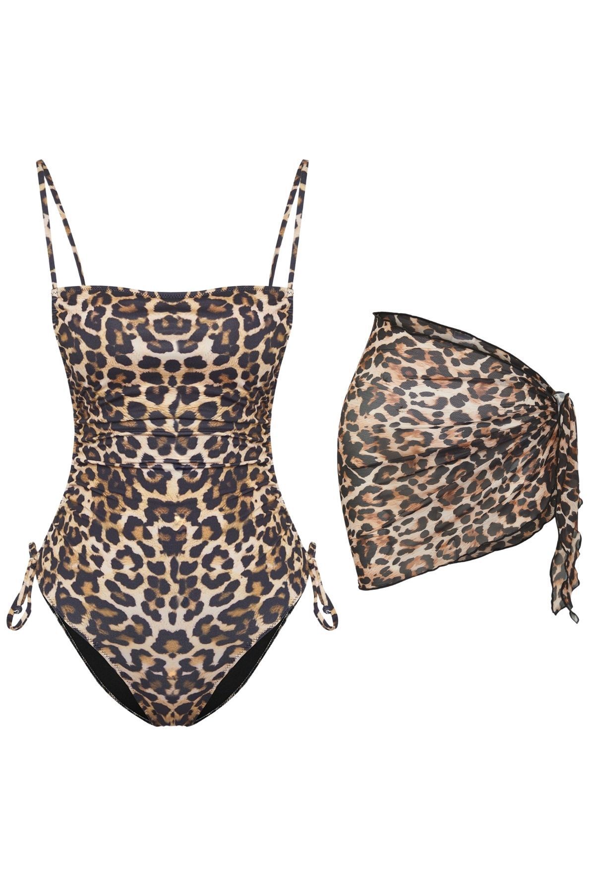 Behills Leopar Desenli Kare Yaka Büzgü Detaylı Askılı Brazilian Mayo Pareo Set 2 Parça