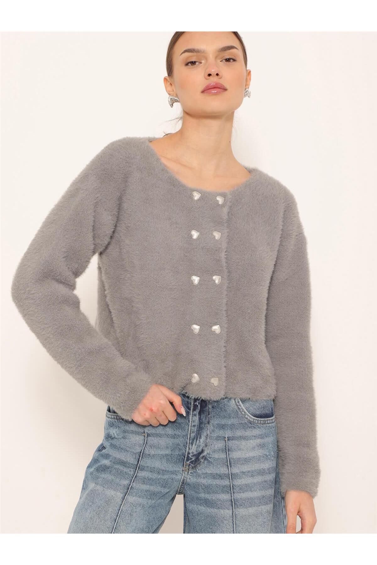 Coral-Gray Heart Buttoned Soft Cardigan 5