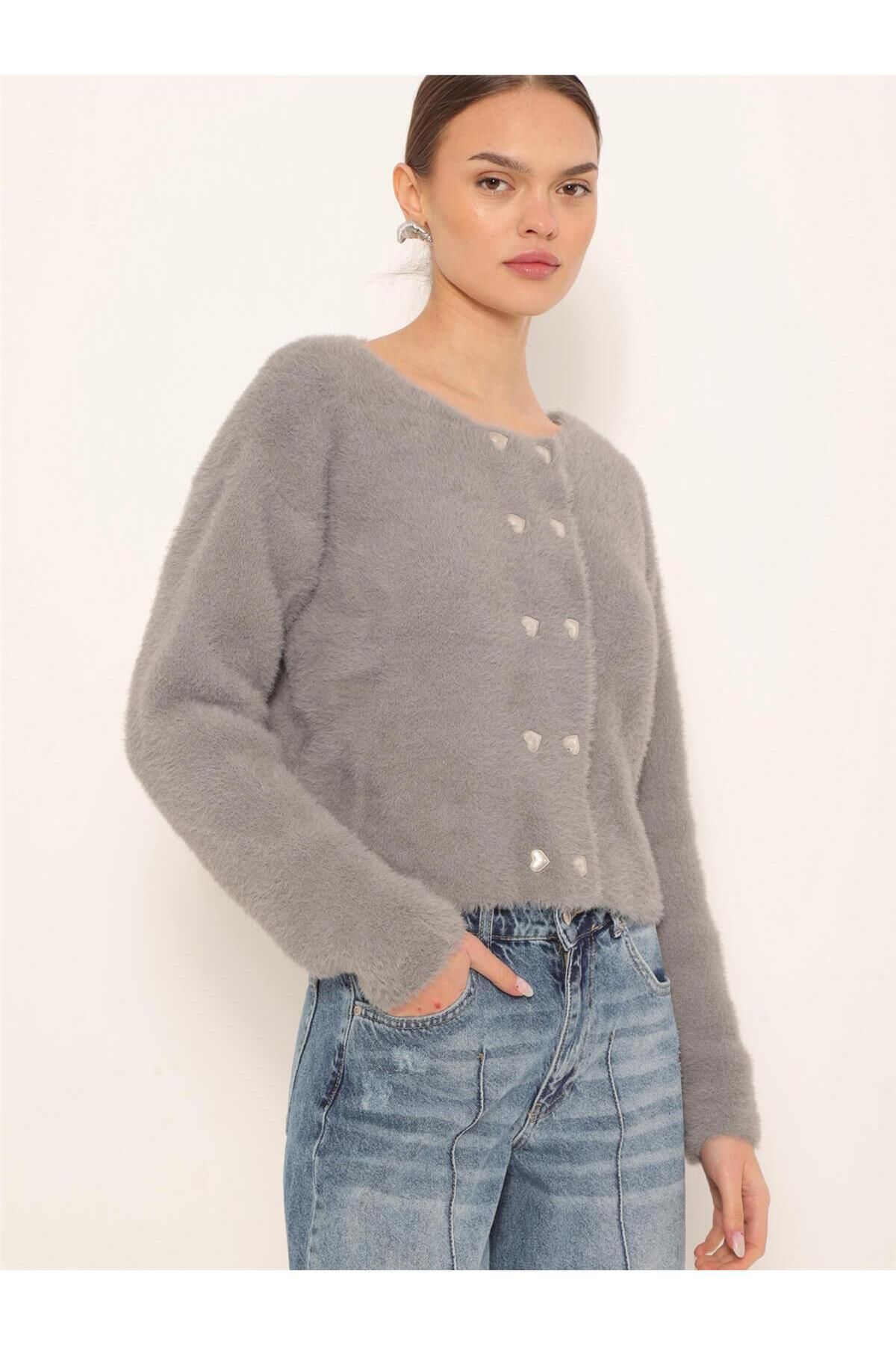 Coral-Gray Heart Buttoned Soft Cardigan 3