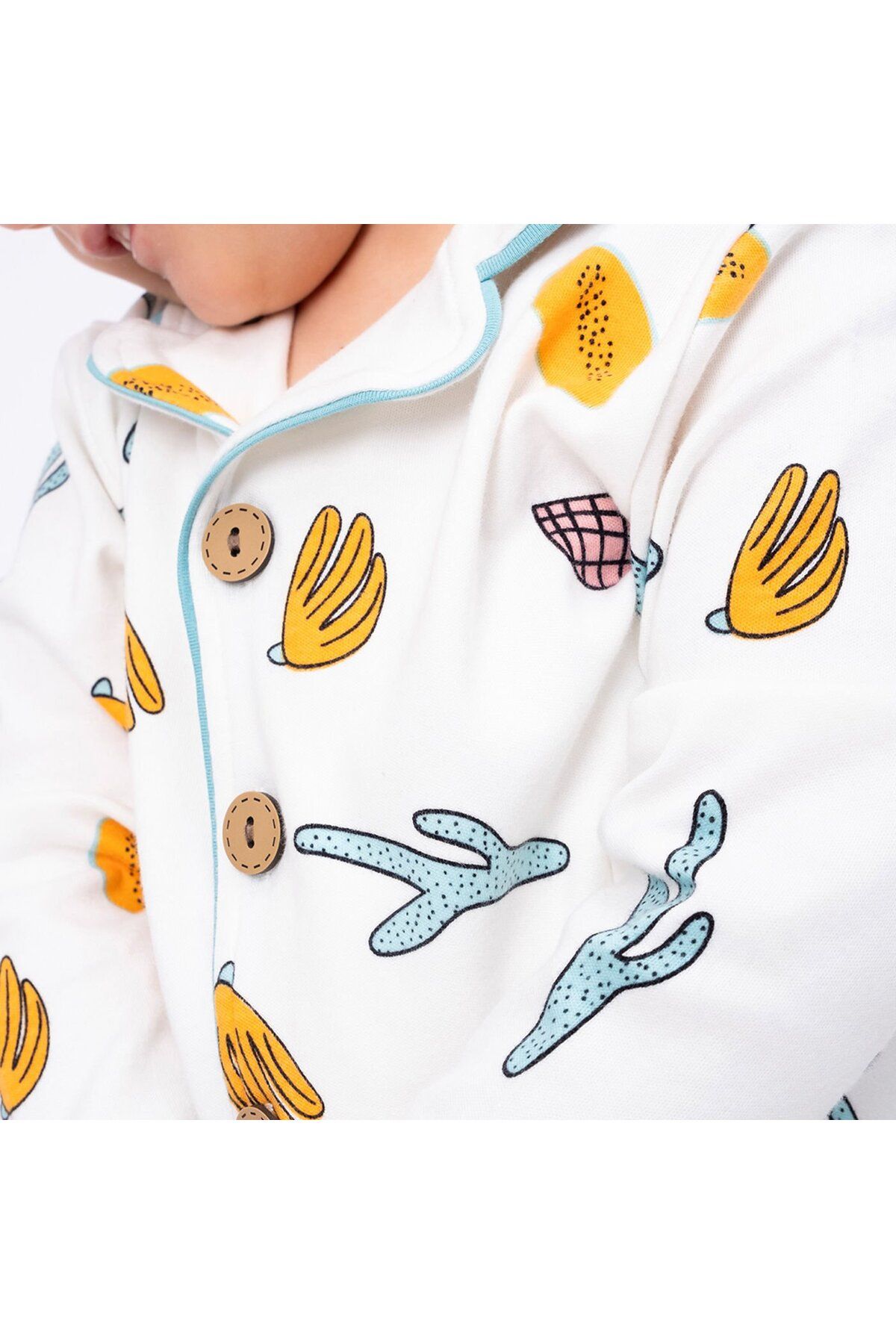 bebegen-Unisex Ecru Green Orange Leaf Cactus Print Double Breasted Lapel Pajamas Set 6