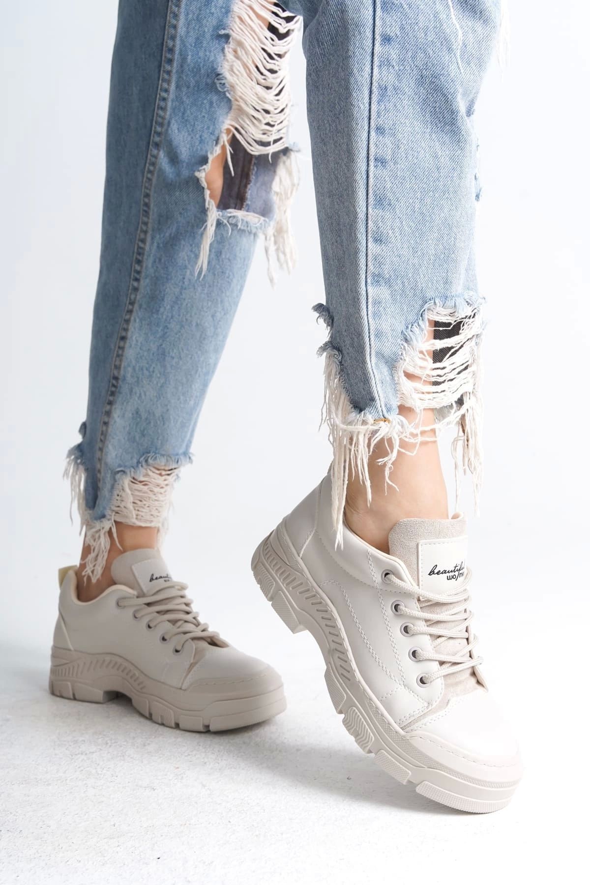 Joy Ayakkabı JANE Bağcıklı Ortopedik Taban Kadın Sneaker Spor Ayakkabı KT - Krem