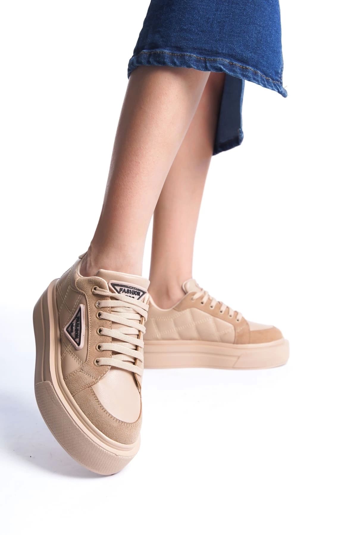 Joy Ayakkabı PRAG Bağcıklı Ortopedik Taban Desenli Kadın Sneaker Spor Ayakkabı TT - Ten