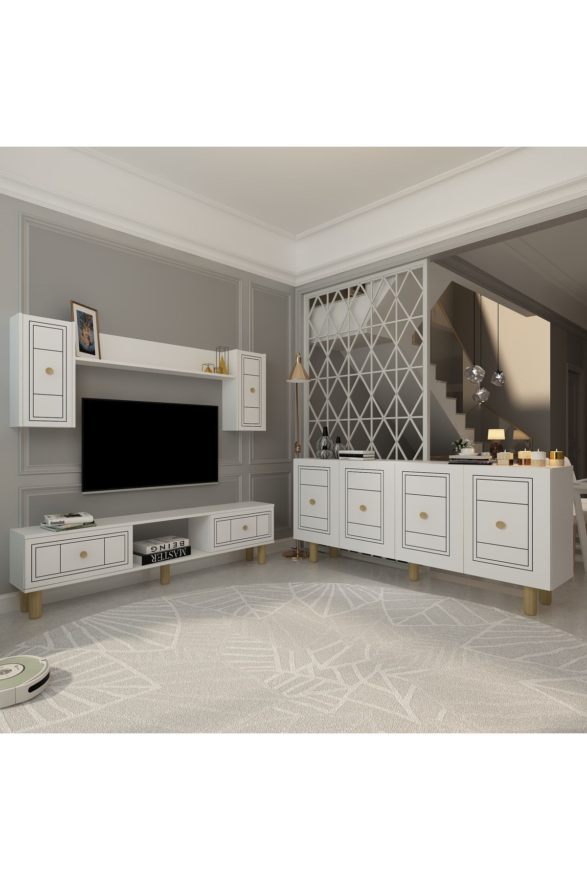 DemonteHome DARİODH BOHEM KONSOL (KB150), BOHEM TV ÜNİTESİ 2 Lİ SALON TAKIMI BEYAZ-BEYAZ