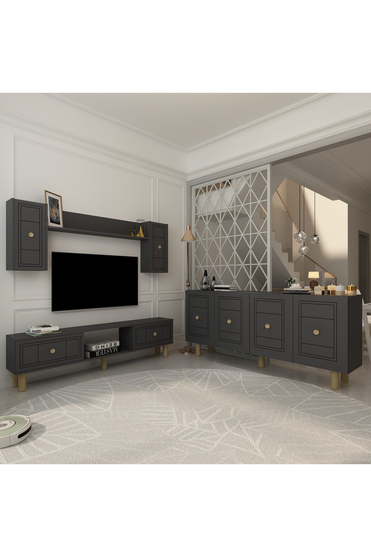 DemonteHome DARİODH BOHEM KONSOL (KB150), BOHEM TV ÜNİTESİ 2 Lİ SALON TAKIMI ANTRASİT-ANTRASİT