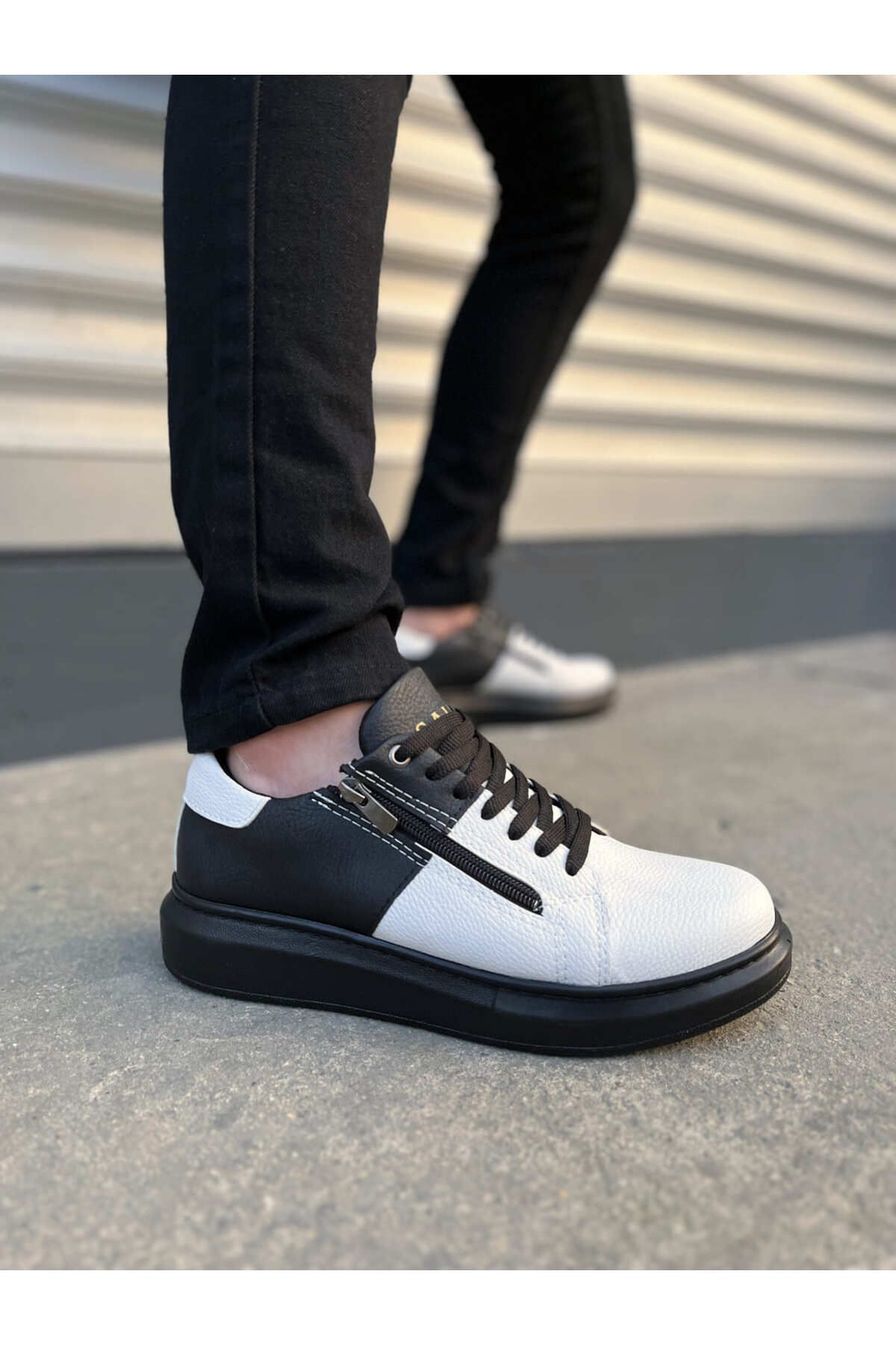Joy Ayakkabı JY155 Warrior Bağcıklı ve Fermuarlı Cilt Erkek Günlük Sneaker Ayakkabı CST - Siyah/Beyaz