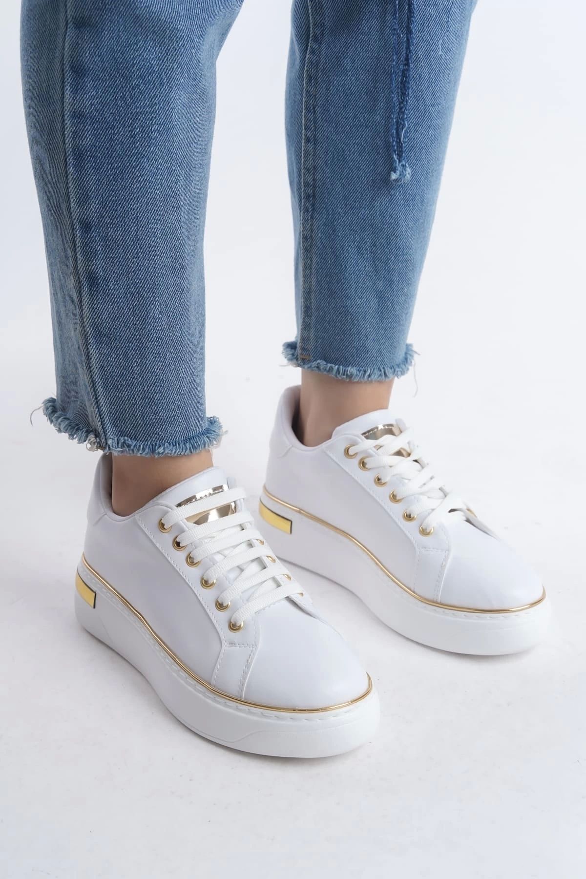 Joy Ayakkabı MINA Bağcıklı Ortopedik Taban Kadın Sneaker Spor Ayakkabı BT - Beyaz/Altın