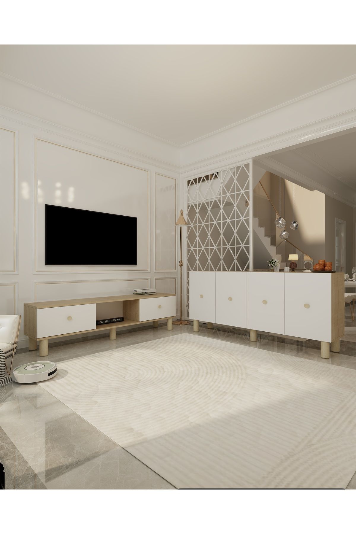 DemonteHome MONODH BOHEM KONSOL (KB150) VE BOHEM TV SEHPASI 2'LI SALON TAKIMI SAFİRMEŞE-BEYAZ
