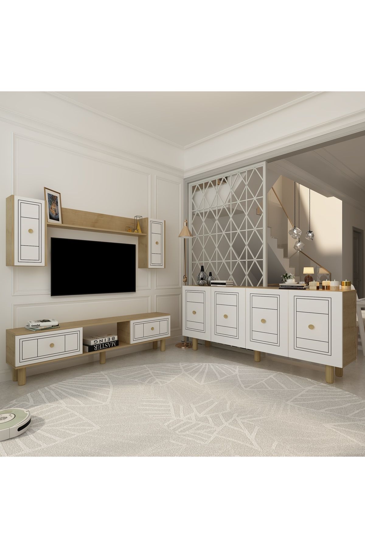 DemonteHome DARİODH BOHEM KONSOL (KB150), BOHEM TV ÜNİTESİ 2 Lİ SALON TAKIMI SAFİRMEŞE-BEYAZ