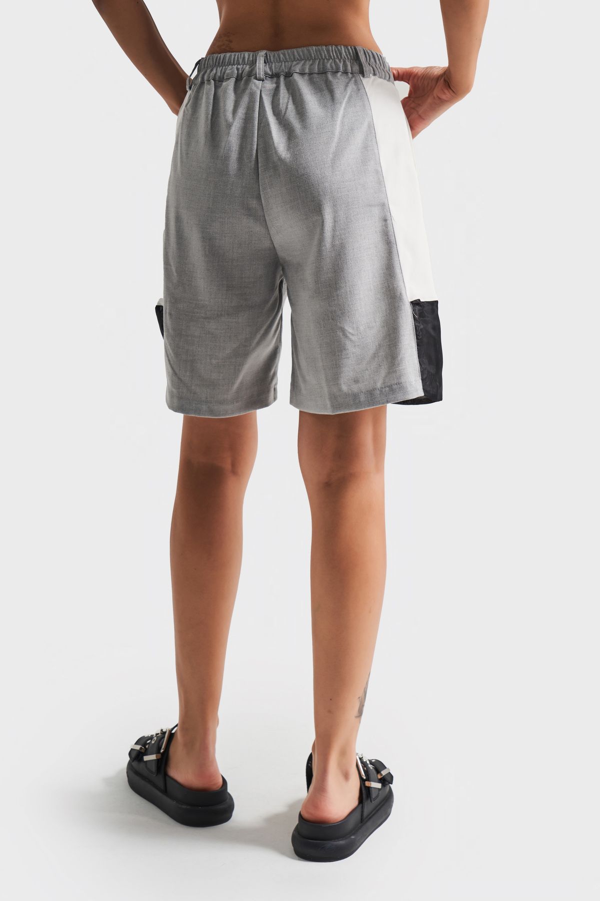 its basic-Women's Gray Color Tulle Detailed Midi Length Design Fabric Shorts 5