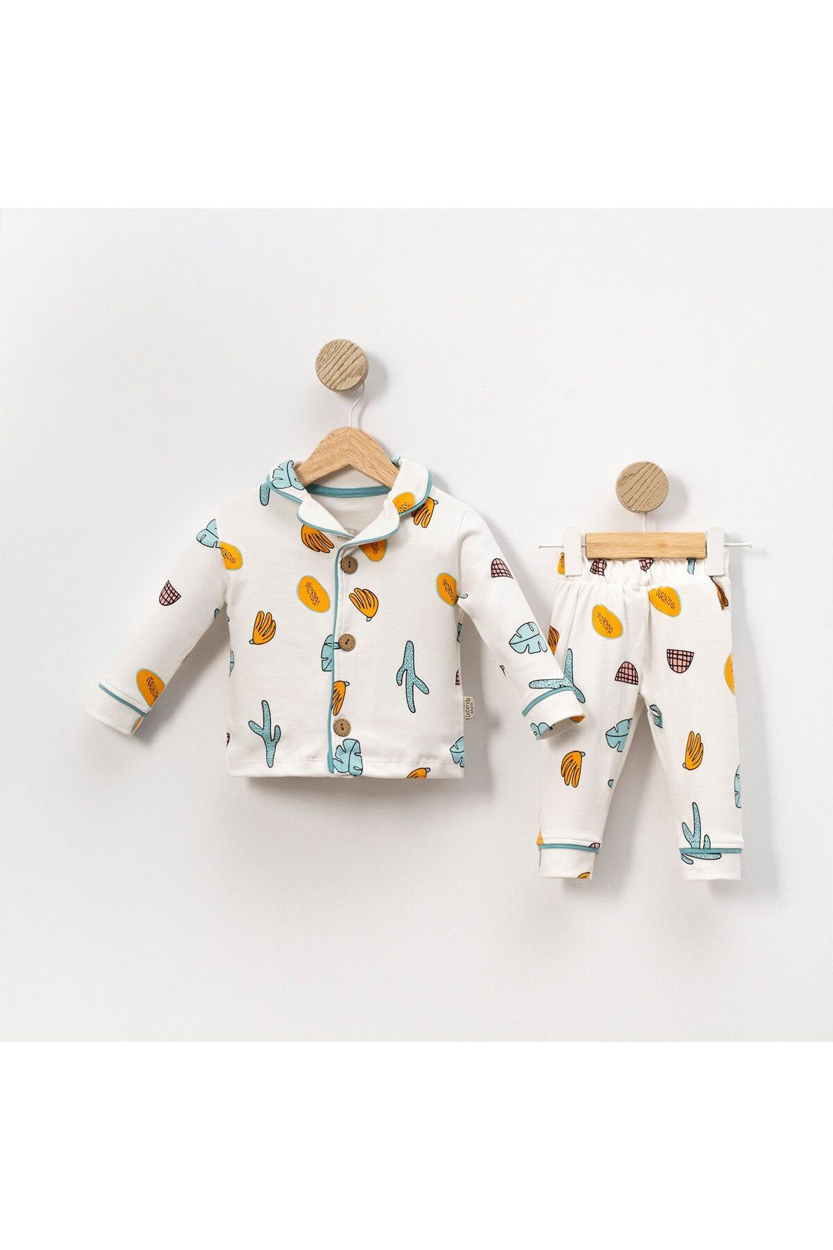 bebegen-Unisex Ecru Green Orange Leaf Cactus Print Double Breasted Lapel Pajamas Set 8