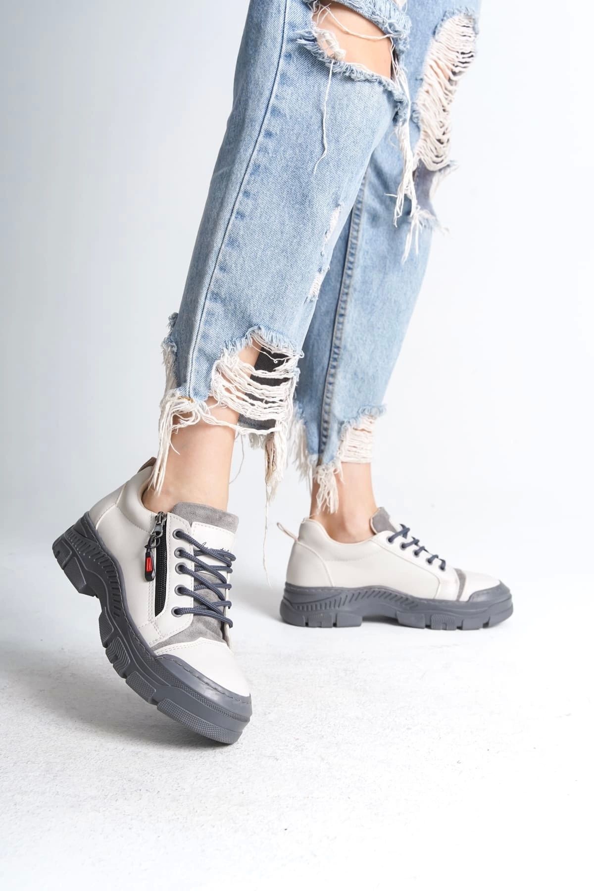 Joy Ayakkabı AGATHA Bağcıklı Fermuarlı Ortopedik Taban Kadın Sneaker Spor Ayakkabı GT - Krem