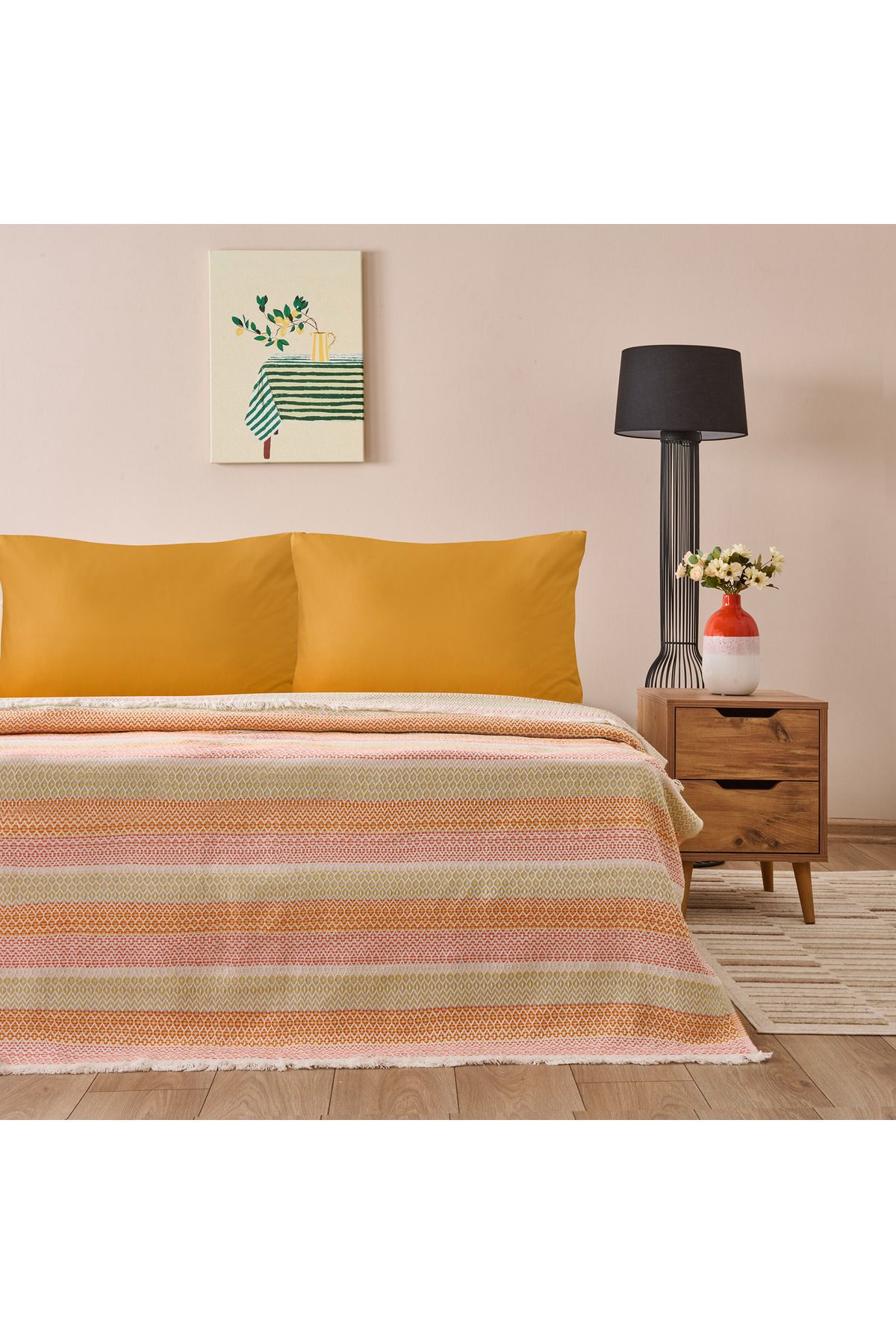 Evidea Soft Vita Çift Kişilik Pike - Ekru / Turuncu - 200x230 cm