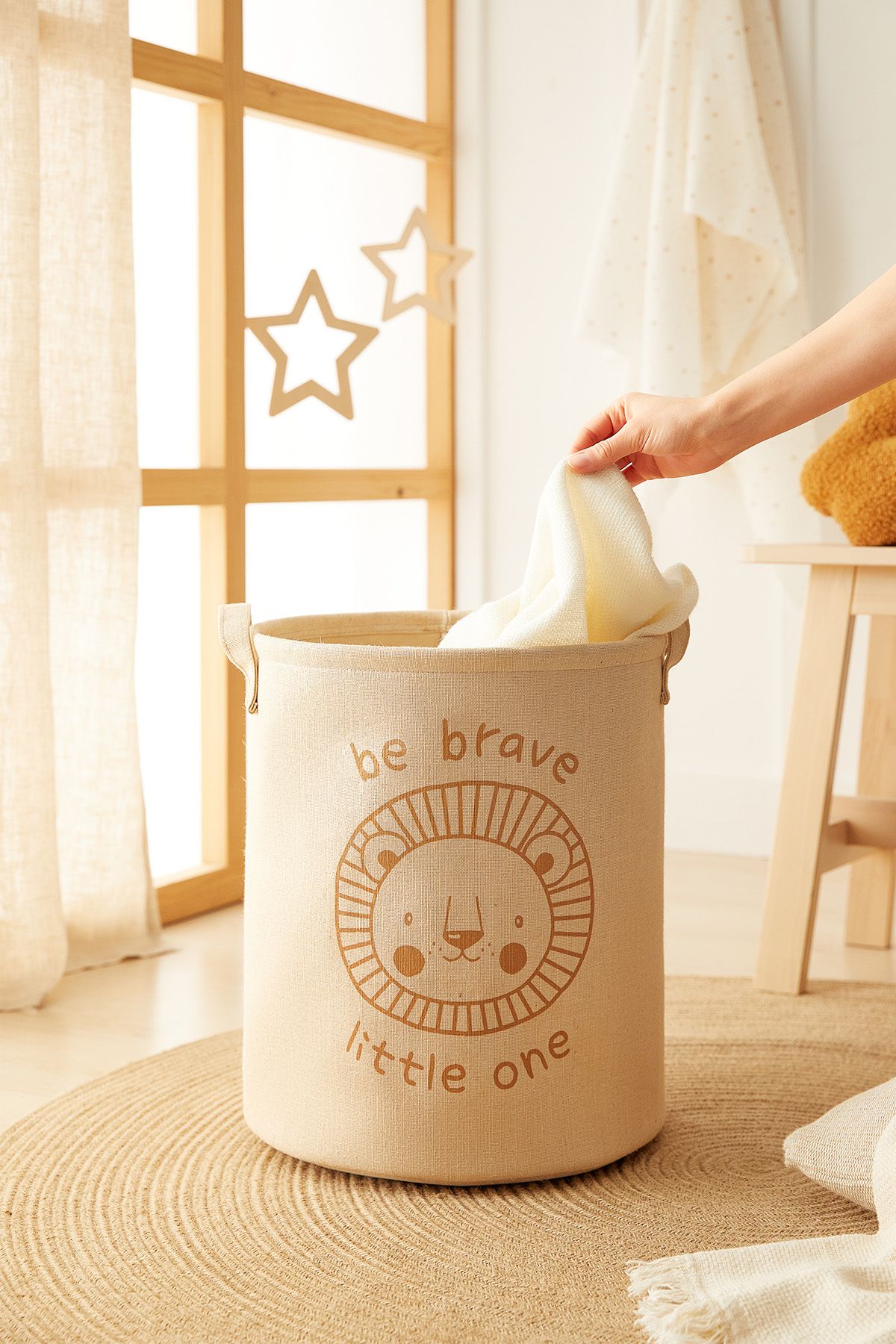 Ocean Home Textile Çocuk Odası Sevimli Aslan Jüt Keten Çamaşır Oyuncak Kirli Sepeti Çok Amaçlı Sepet 33x40