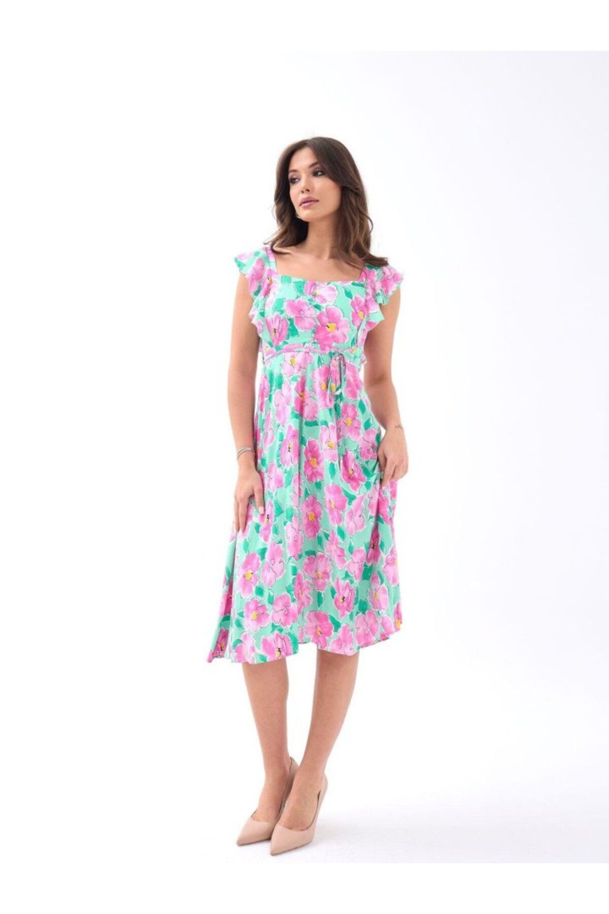 velmorafashion 5370 ELBİSE-PEMBE GÜL DESEN